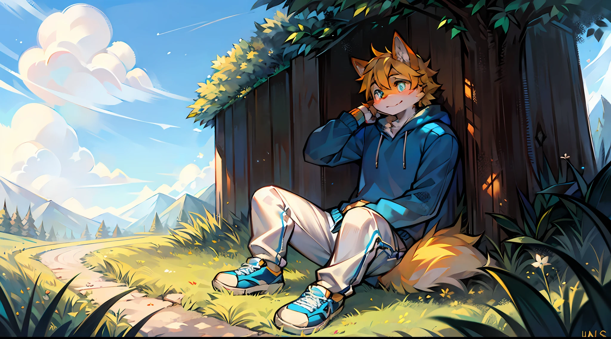 Furry, shy, clear eyes, bright eyes, cheerful, confident, serious, calm, indifferent, upright, wolf, blue pupils, male, male, teen, mature, strong, strong, muscular, easygoing, alone, single, humanoid, light yellow hair, golden-orange hair texture, beautiful fluffy tail, modern clothing, blue sweatshirt, white loose pants, blue and white sneakers, sitting, sitting cross-legged, bending knees, body facing away from the picture, looking at the sky, turning head, holding knees, relaxing, nature, sunlight, Sunny day, sitting on the ground, sitting on the ground, sitting on the ground, particles, light effects, halos, green grass, hillside, breeze, sky, sun, white clouds, by the road, 8k.