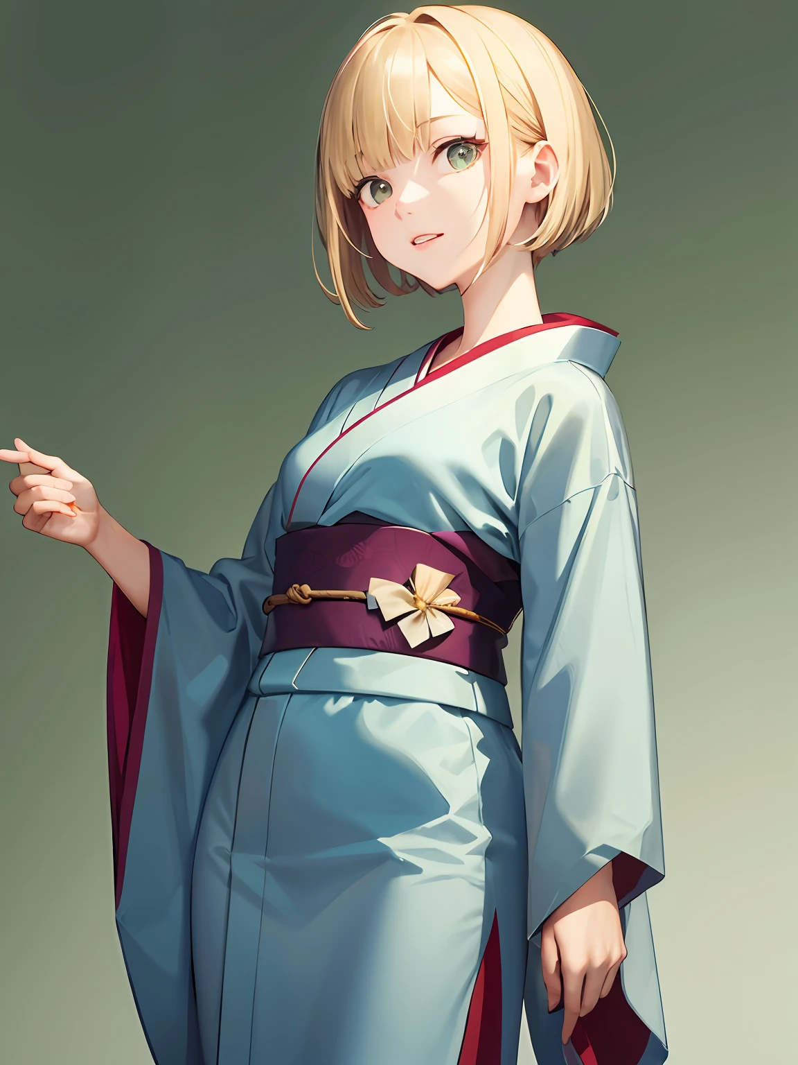 Green background。18-year-old woman with short blonde bob in a japanease kimono, Small breasts, Hayao Miyazaki(de stijl)