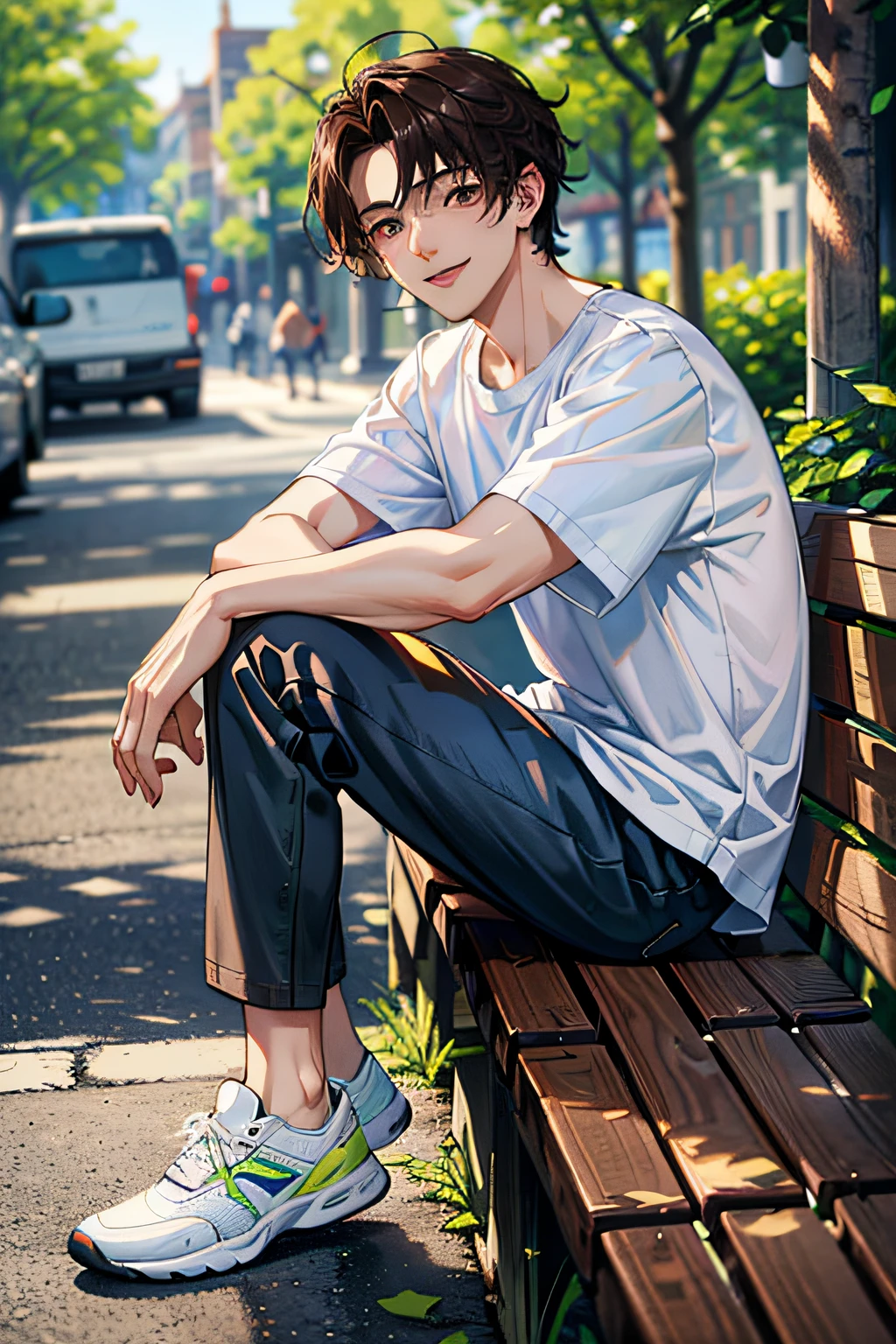 (absurdres, highres, ultra detailed, HDR), masterpiece, best quality, 1boy, solo, handsome, dark brown hair, finely eye and detailed face, forehead, ((loose white t-shirt)), sneaker, (pale and white skin), look at viewer, ear piecing, , smile, sitting on bench, park in background, full body view