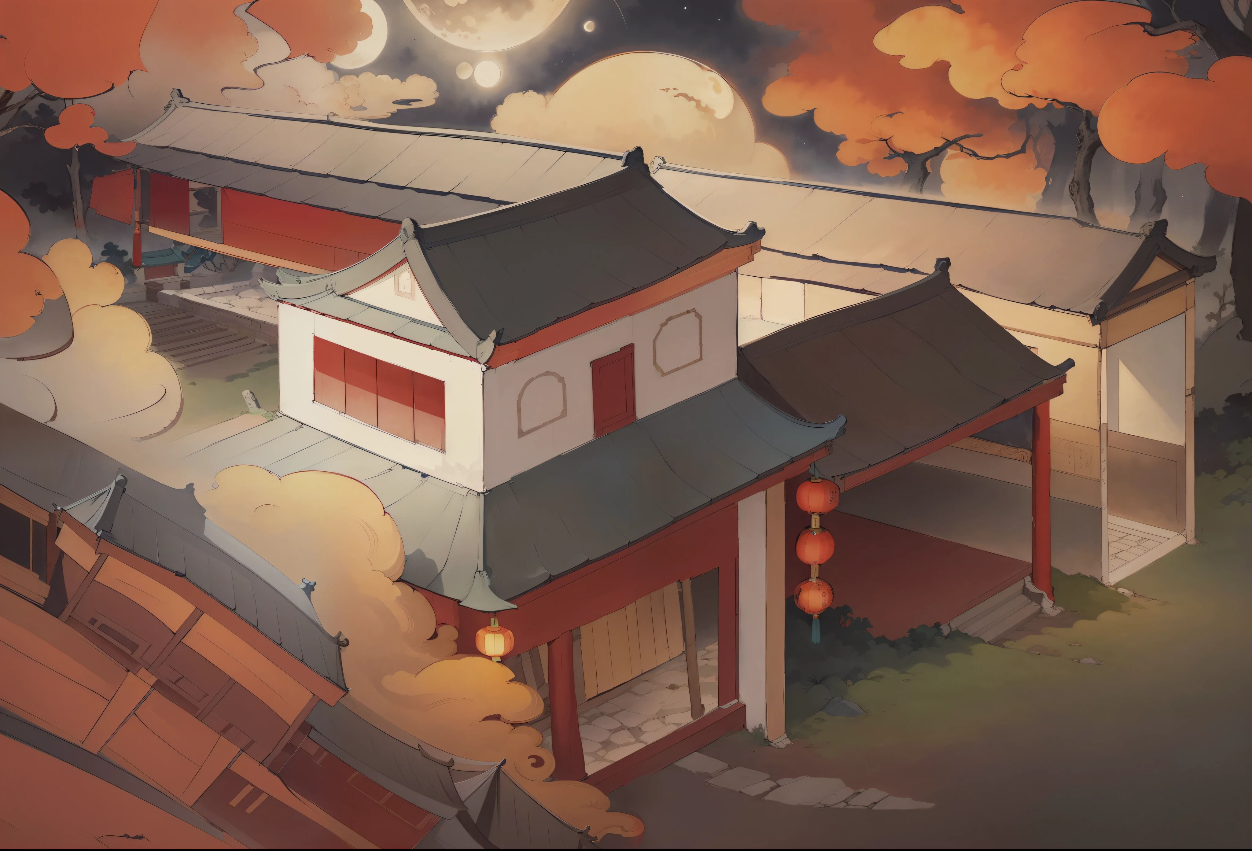 Ancient Chinese landscapes，ancient buildings，Pavilions，Carved beams and paintings，enchanting scenery，night，moon rays，Layered, rich light and shadow,mid-autumn festival, Ink painting style，clean color，Low-saturation colors，Colors of low brightness，Decisive cut，Leave white space，Freehand，master-piece，is super detailed，Epic composition,  Maximum quality，The ultra-Realistically，Art by Artgerm --v 6