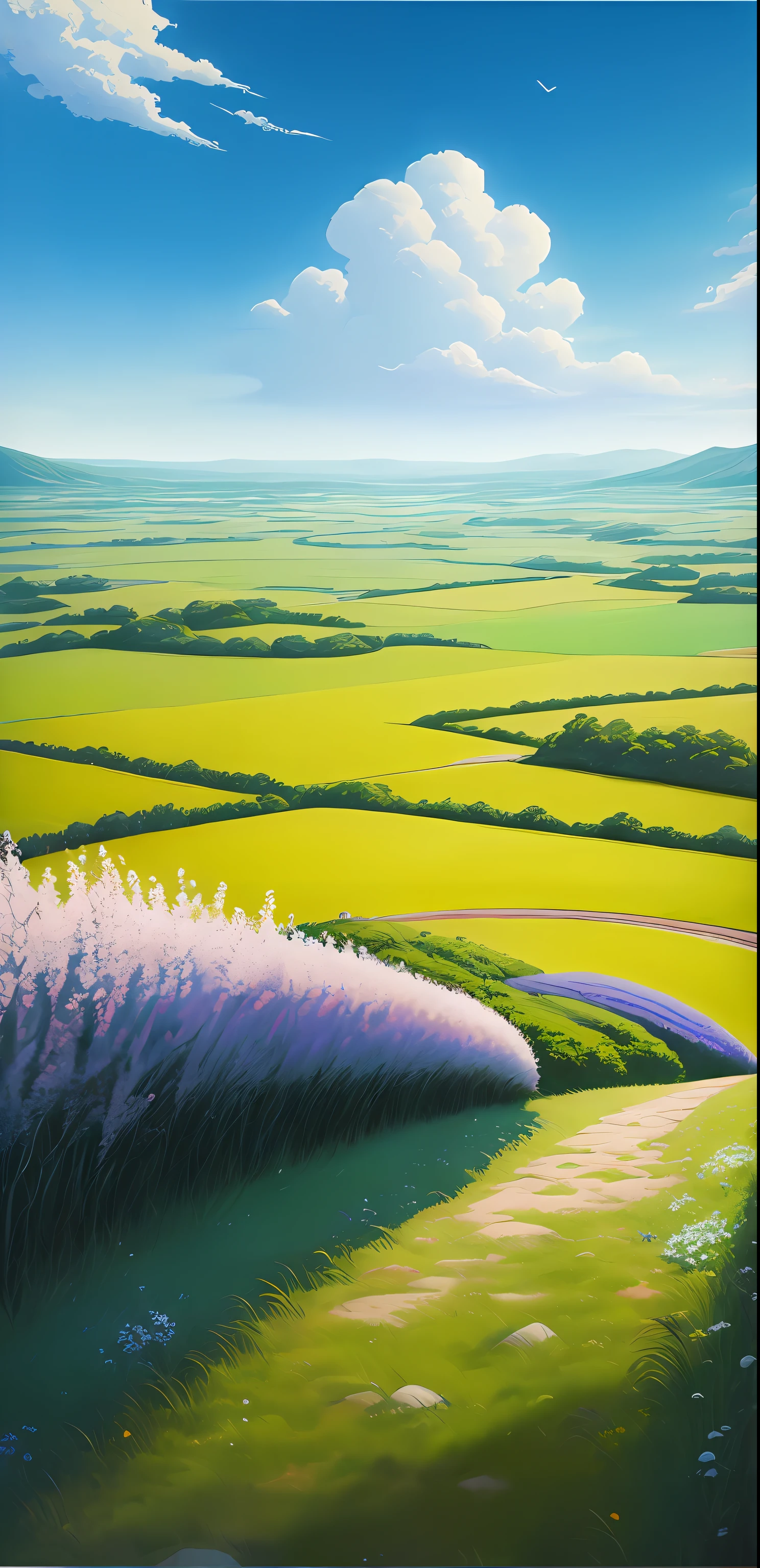 Realistic, authentic, beautiful and amazing landscape oil painting Studio Ghibli Hayao Miyazaki&#39;s petal grassland with blue sky and white clouds --v6