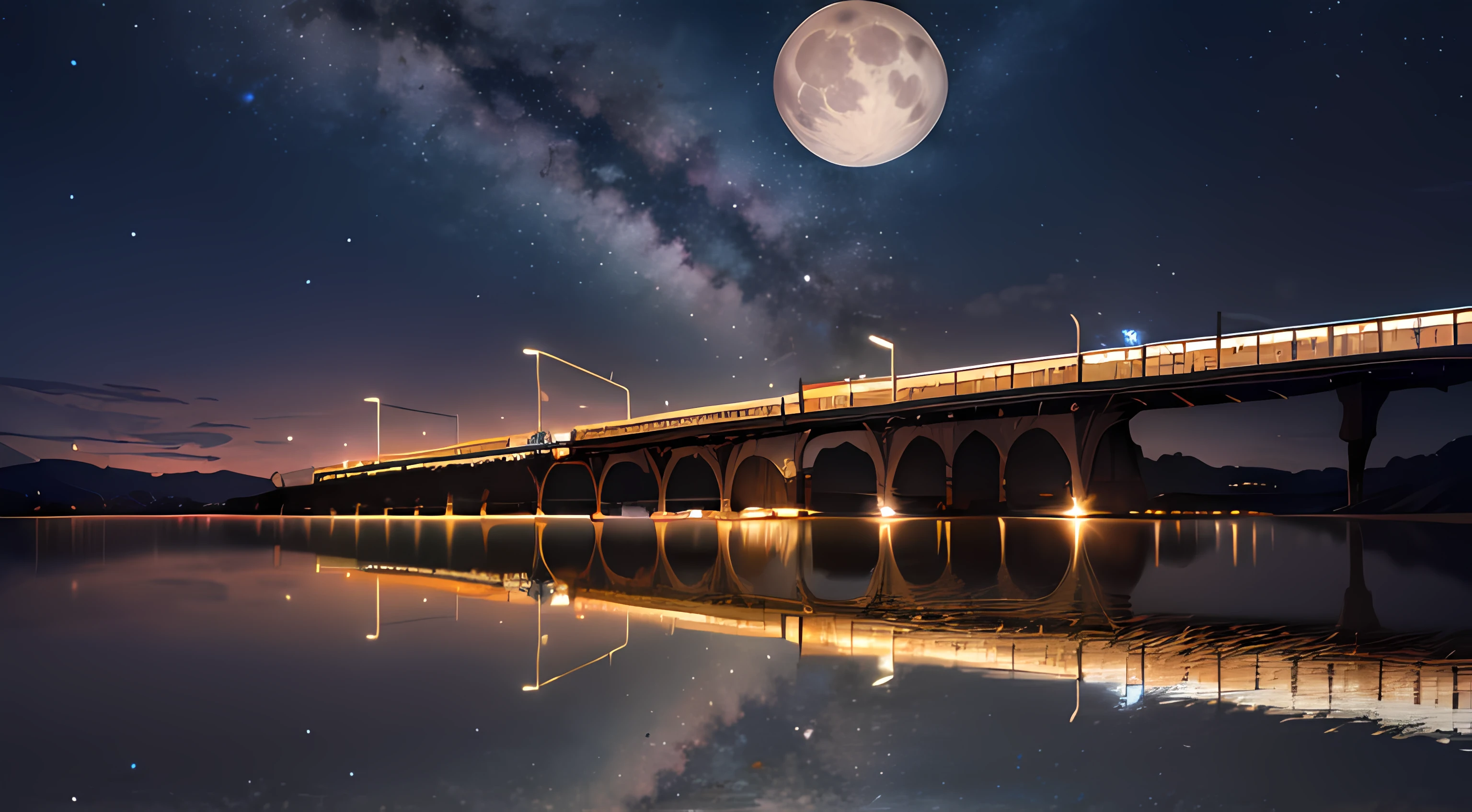A futuristic train crossing the lake,stary sky,Milky Way in the sky,Very large moon in the sky,Intense meteor showers,The reflection of the sky in the lake,4K,futurism,sharp fokus,ultra-details,ultra-highresolution,Water surface ripples
