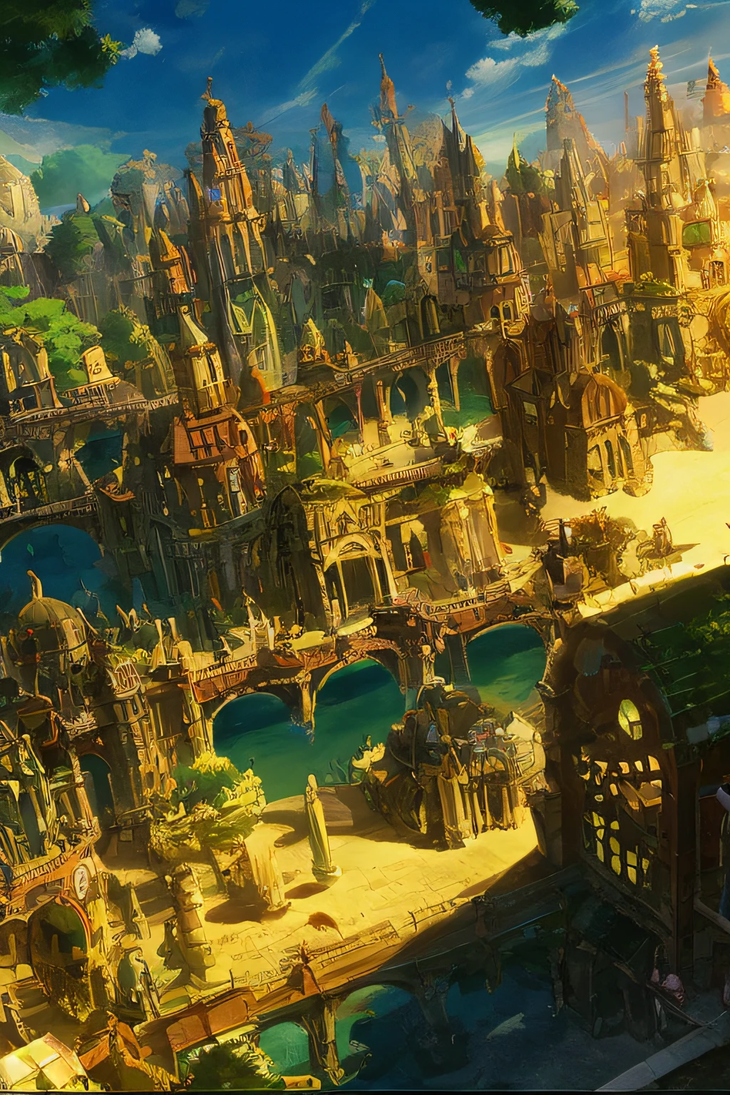 A city that shows a bustling futuristic world, a suspended mid-air city, small spaceships shuttling through, a corner of the city, sunny and sunny weather, Miyazaki's work style, CG illustrations with extreme detail, and the composition is epic and spectacular --auto