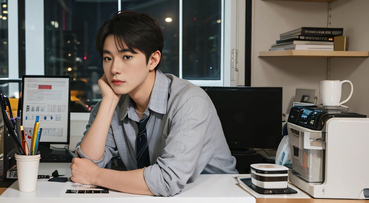 Masterpiece, Best quality, Middle aged, Chines，Korean，Without glasses，No beard，Very short hair, night, workaholic，the office，coffee cups，printer