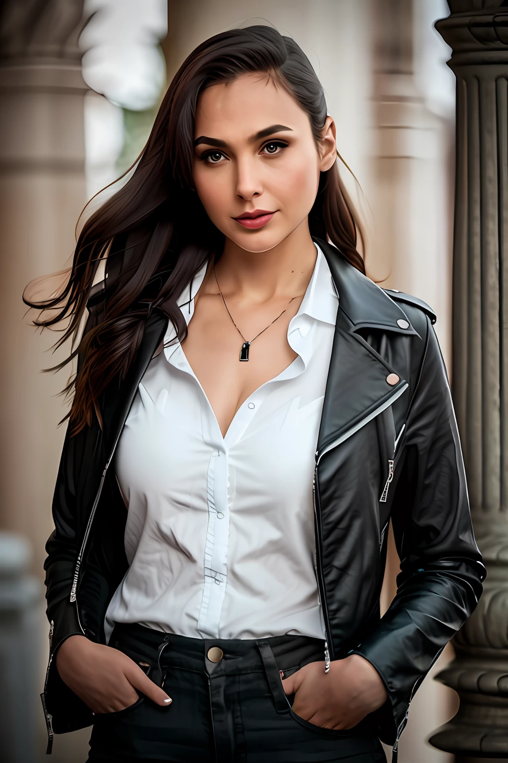 An intriguing portrait of Gal Gadot, an actress known for her versatility and magnetic presence.Clad in a tailored suit with a hint of edgy sophistication, she stands against a backdrop of a vibrant city street.Rain cascades down, creating a visually striking atmosphere and adding an element of drama to the scene.Subtle details, like statement jewelry or a bold hairstyle, accentuate her confident and alluring demeanor.The image is captured in a gritty, high-contrast style, emphasizing the interplay between strength and vulnerability.