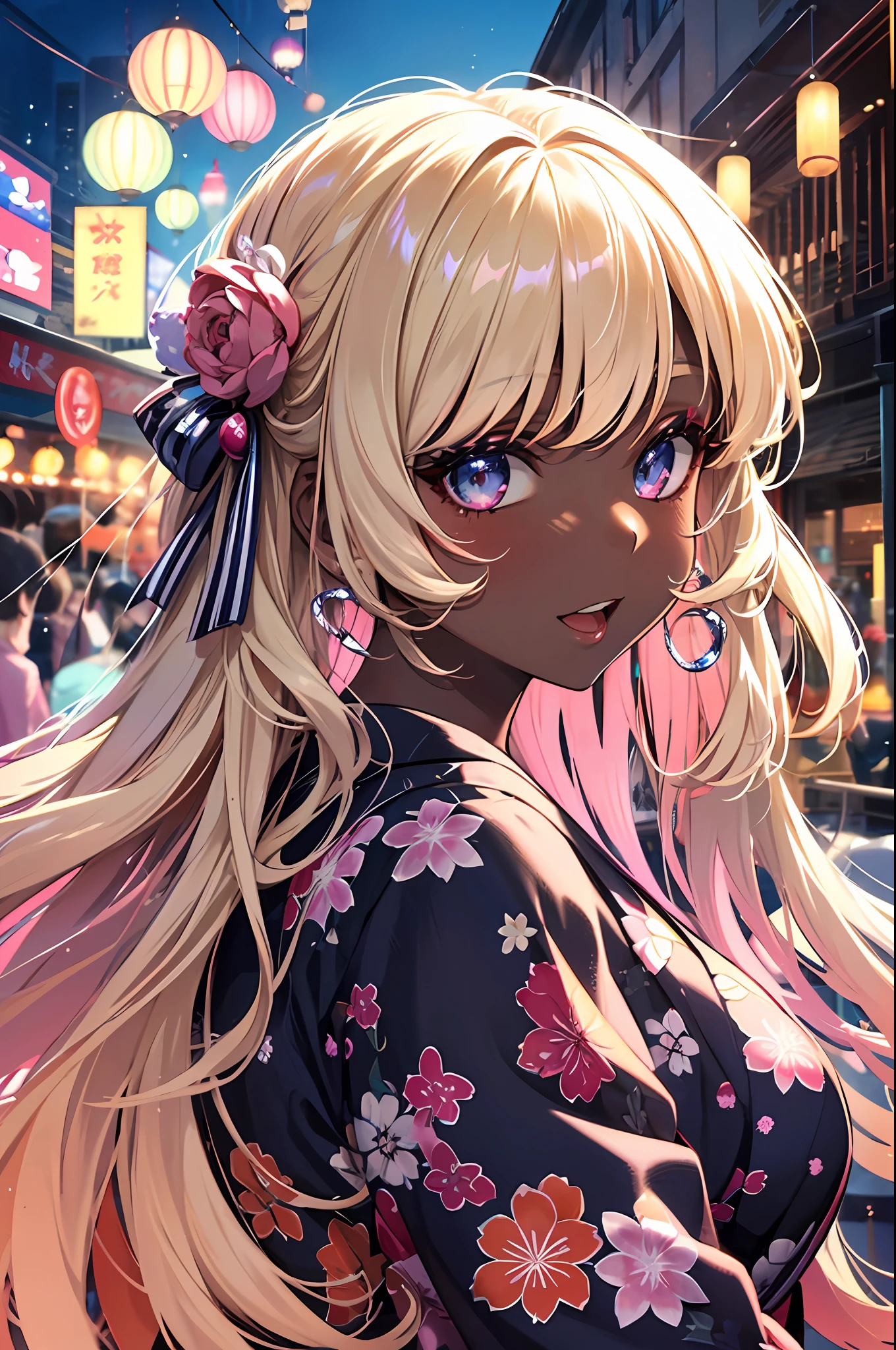 Top quality, masterpiece, incredibly beautiful, very delicate 8k wallpaper, transcendently beautiful girl, gal, (dark skin), long hair, (blonde hair pink gradient hair), hair bunch, break, big mouth open and laughing, long eyelashes, makeup, sparkling eyes, (constriction, big, big ass), BREAK, yukata, drawstring, stall, summer festival,