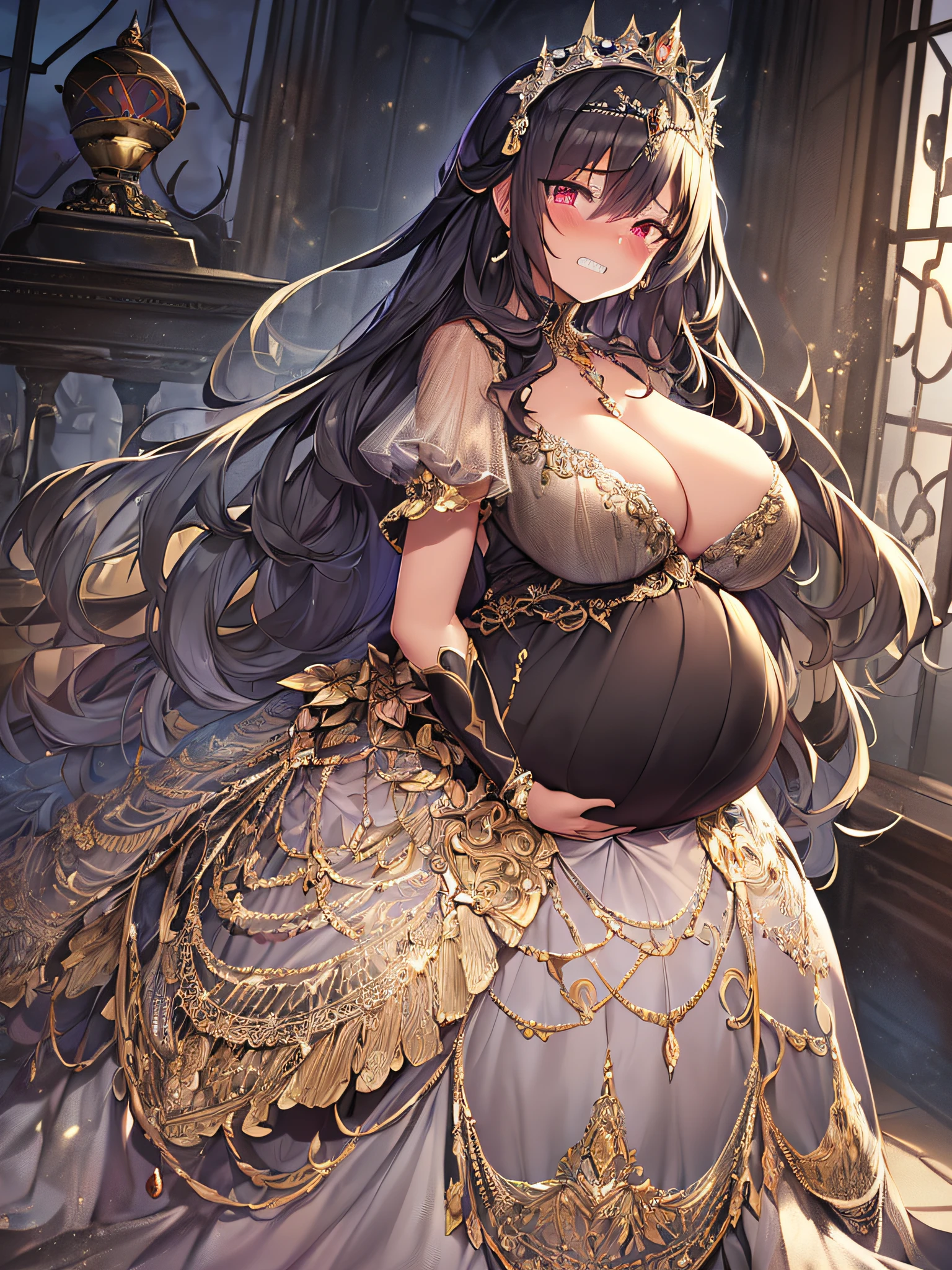 ((anime artstyle)),(Masterpiece),(Best Quality), (Super Detail),((Very Delicate and Beautiful)),Focus on character,Dynamic Angle,Looking at viewer,((Solo)),standing,(((full body))),(((one Wicked pregnant empress in gorgeous ball gown with voluminous skirt))),detailed face and eyes,((heavily pregnant)),((clenched teeth,blush)),embarrassed,jewel-like eyes,((Very Long voluminous Hair)),gorgeous embroidery and lace,See-through,ornate ruffles,luxury hair ornament,luxury and evil tiara with jewels,(gigantic breasts,Long breasts),full body,(((evil and dark atmosphere))),full body,heavily pregnant,((inside of prison)),jeweled ball gown,((gorgeous ball gown with voluminous skirt))