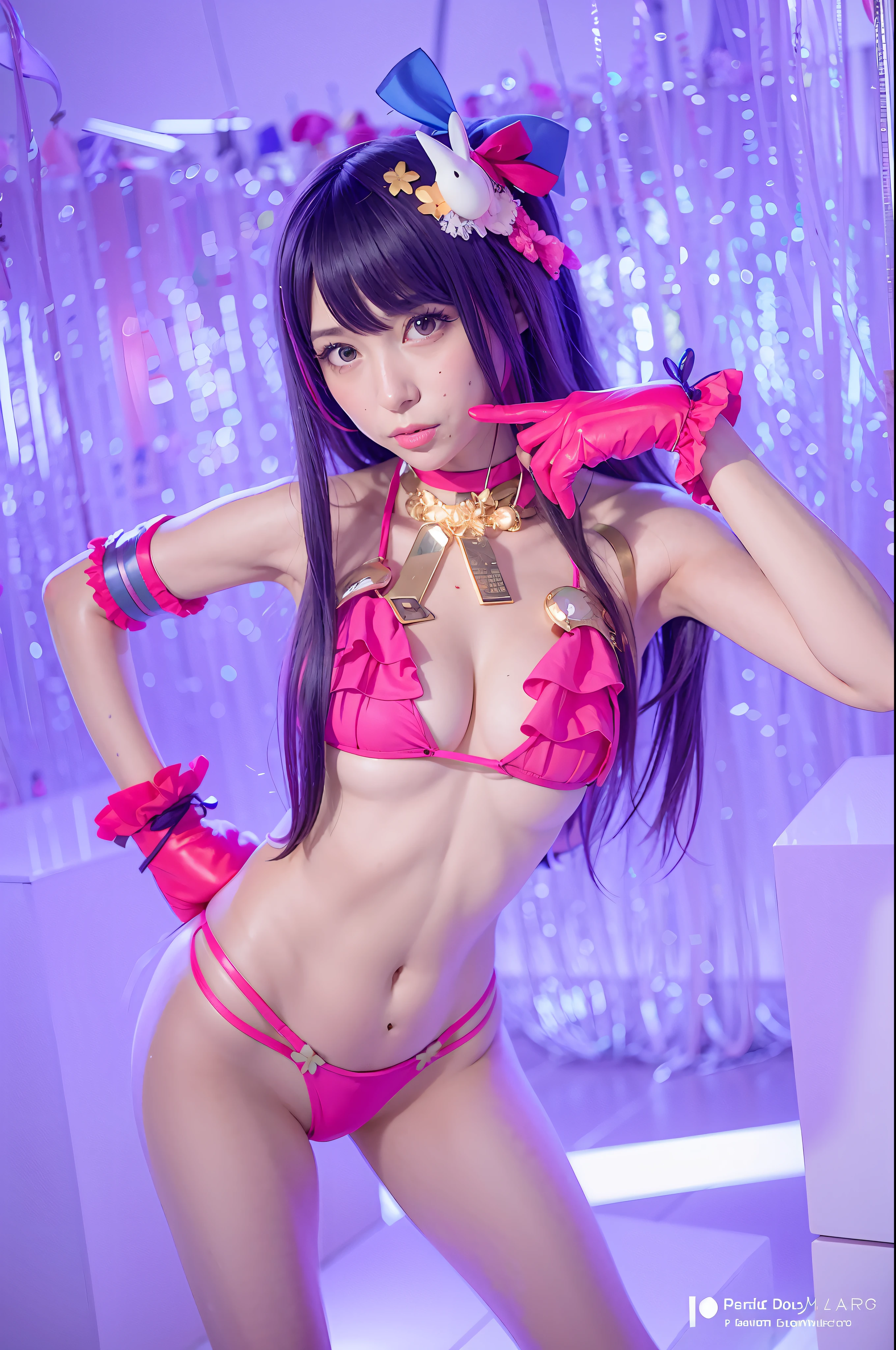 araffe in a pink bikini and a gold necklace posing, Anime girl cosplay, juri misaki, ayaka cosplay, ahri from league of legends, mayuri shiina, Rin, Lori, juri han from street fighter, irelia from league of legends, seductive tifa lockhart portrait, Ayami, cosplay photo, tifa, ahri