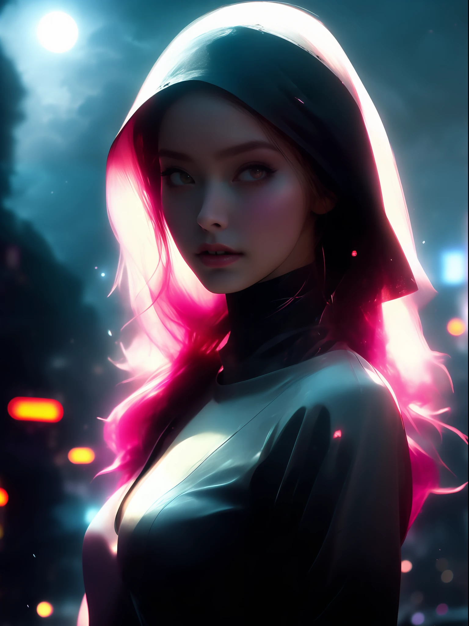 nvinkpunk, futuristic city street, [sci-fi], High Detail, photograph, portrait, wide angle, beautiful stunning gorgeous y young female teetificial intelligence android, (long long white hair:1.1), (Lady Death:1.1), pale white skin, (wind blown hair:1.1), The Fifth Element, Ghost in the Shell, wearing (sheer thin see-through skintight:1.2) (prostit2), small breasts, outdoorsding, sprawling (cyberpunk city skyline:1.1), petite physique, tattooed, detailed skin texture and pores, (freckles:0.8), embers light particles floating in the air, TRON, Bladerunner, (cleavage:1.1), (storm cl), (goth makeup:0.8), glossy eyes, sunset, light leak, seductive, (glowing cybernetic implants:1.1), (cybernetic augmentations), (highly detailed, fine details, intricate), (lens flare:0.5), (bloom:0.5), backlit, smog, dust, (badlands:0.8), (observatory:0.7), raytracing, specular lighting, shallow depth of field, f/2, hard focus, smooth, cinematic film still, Cyberpunk, Bladerunner, moody lighting, cinematic, 8K,  bokeh