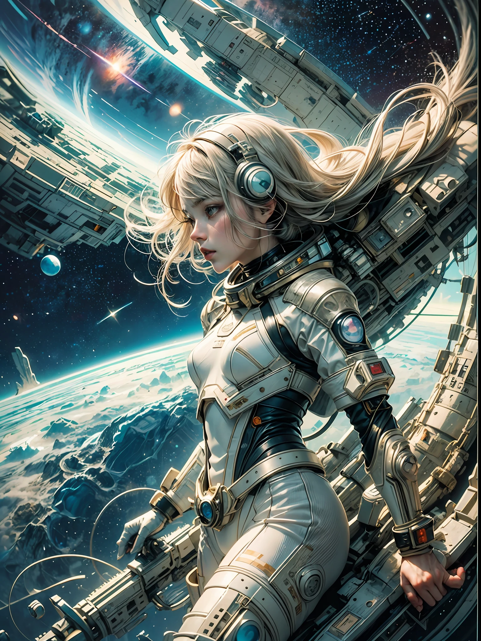 master-piece，1 monk warrior girl with white tech suit clothes，White long hair，laces，Abstract retro sci-fi background，art of moebius，Ashley Wood's art，dynamicpose，Wandering Earth，Space Starry Sky