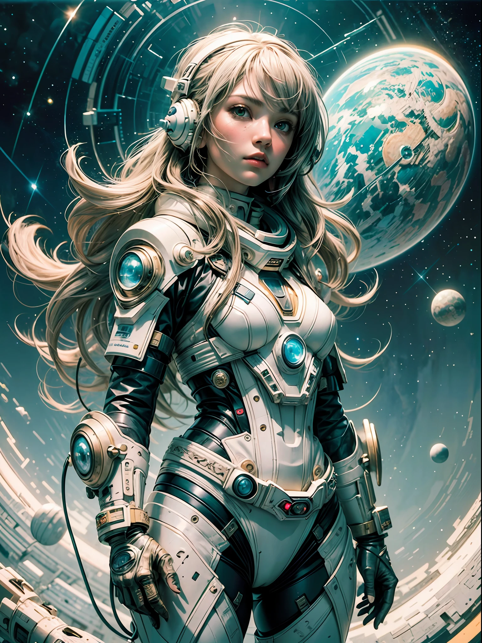master-piece,1 monk warrior girl with white tech suit clothes,White long hair,laces,Abstract retro sci-fi background,art of moebius,Ashley Wood's art,dynamicpose,Wandering Earth,Space Starry Sky