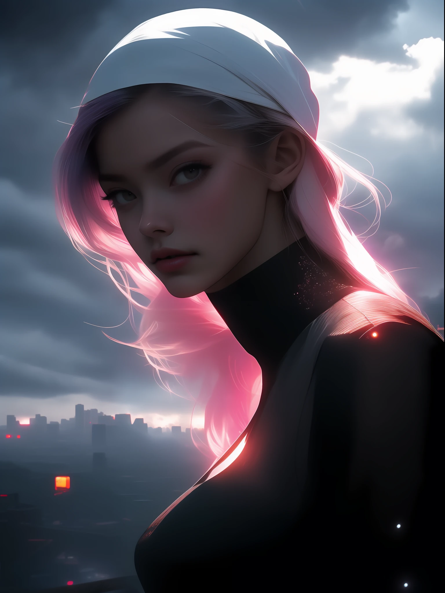 nvinkpunk, futuristic city street, [sci-fi], High Detail, photograph, portrait, wide angle, beautiful stunning gorgeous sexy young female teen artificial intelligence android, (long long white hair:1.1), (Lady Death:1.1), pale white skin, (wind blown hair:1.1), The Fifth Element, Ghost in the Shell, wearing (sheer thin see-through skintight:1.2) (prostitute nun:1.2), small breasts, outdoors,, standing, sprawling (cyberpunk city skyline:1.1), petite physique, tattooed, detailed skin texture and pores, (freckles:0.8), embers light particles floating in the air, TRON, Bladerunner, (cleavage:1.1), (storm clouds:1.2), (goth makeup:0.8), glossy eyes, sunset, light leak, seductive, (glowing cybernetic implants:1.1), (cybernetic augmentations), (highly detailed, fine details, intricate), (lens flare:0.5), (bloom:0.5), backlit, smog, dust, (badlands:0.8), (observatory:0.7), raytracing, specular lighting, shallow depth of field, f/2, hard focus, smooth, cinematic film still, Cyberpunk, Bladerunner, moody lighting, cinematic, 8K,  bokeh