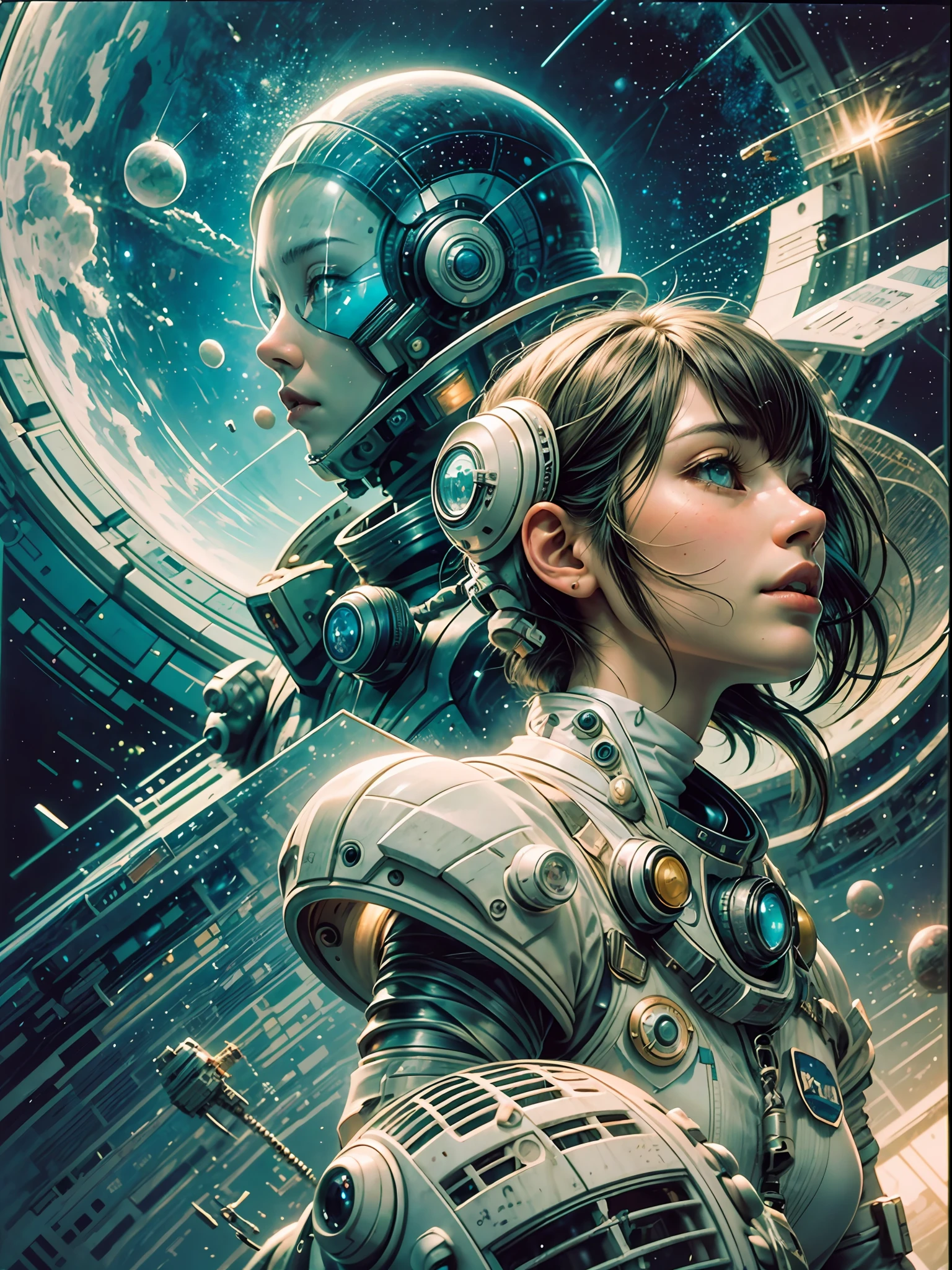 master-piece，1 monk warrior girl with white tech suit clothes，White long hair，laces，Abstract retro sci-fi background，art of moebius，Ashley Wood's art，dynamicpose，Wandering Earth，Space Starry Sky