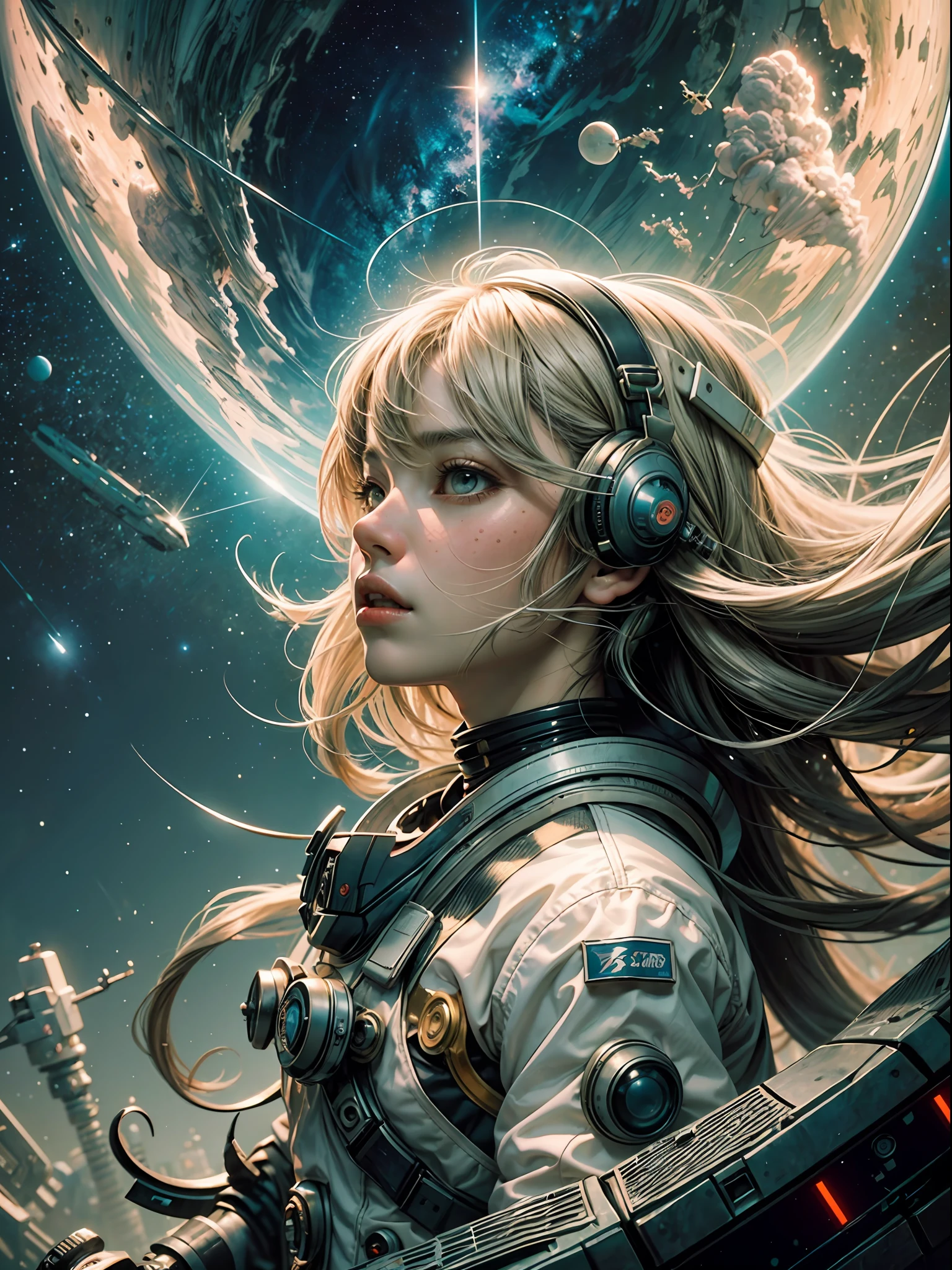 master-piece，1 monk warrior girl with white tech suit clothes，White long hair，laces，Abstract retro sci-fi background，art of moebius，Ashley Wood's art，dynamicpose，Wandering Earth，Space Starry Sky