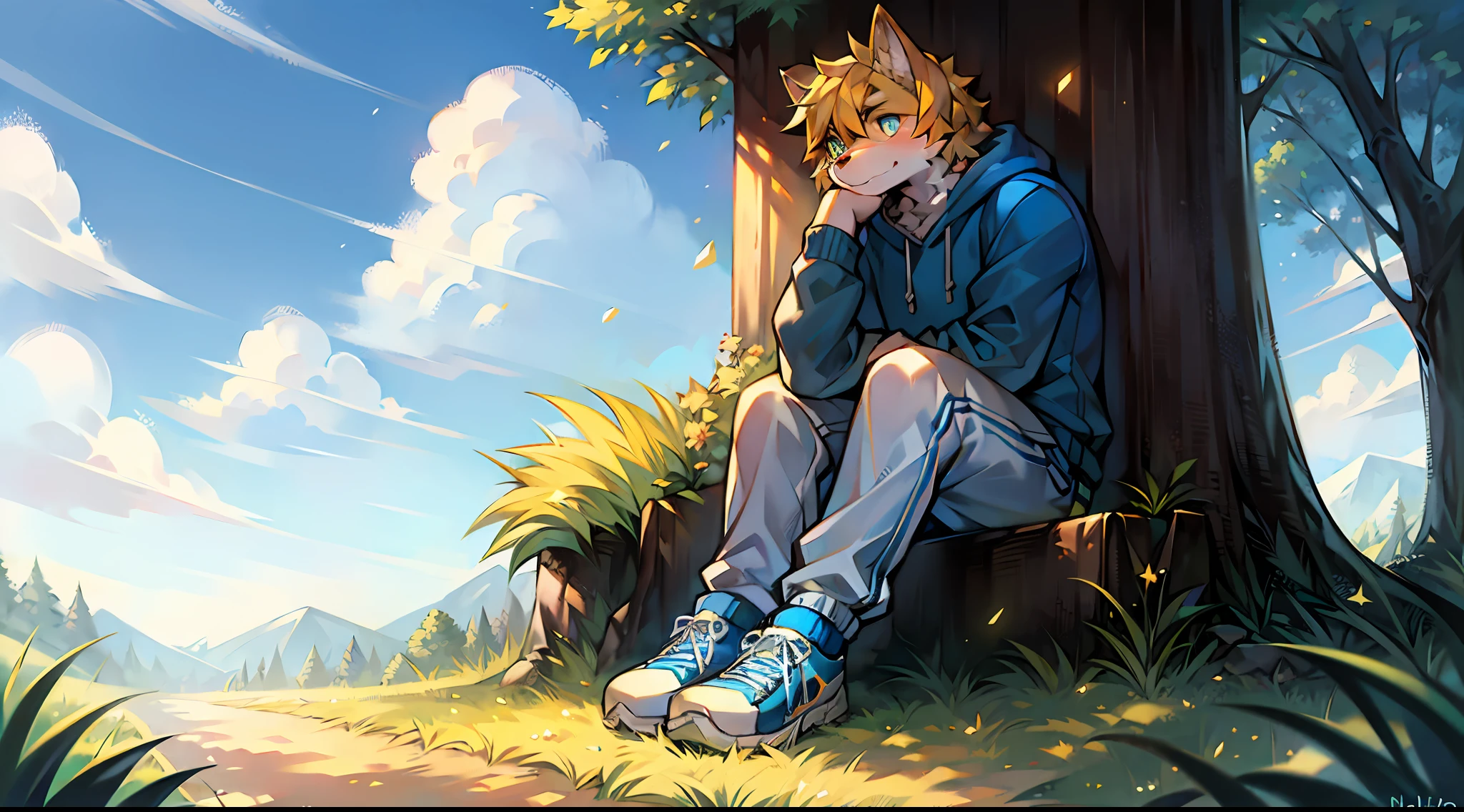Furry, shy, clear eyes, bright eyes, cheerful, confident, serious, calm, indifferent, upright, wolf, blue pupils, male, male, teen, mature, strong, strong, muscular, easygoing, alone, single, humanoid, light yellow hair, golden-orange hair texture, beautiful fluffy tail, modern clothing, blue sweatshirt, white loose pants, blue and white sneakers, sitting, sitting cross-legged, bending knees, body facing away from the picture, looking at the sky, turning head, holding knees, relaxing, nature, sunlight, Sunny day, sitting on the ground, sitting on the ground, sitting on the ground, particles, light effects, halos, green grass, hillside, breeze, sky, sun, white clouds, by the road, 8k.