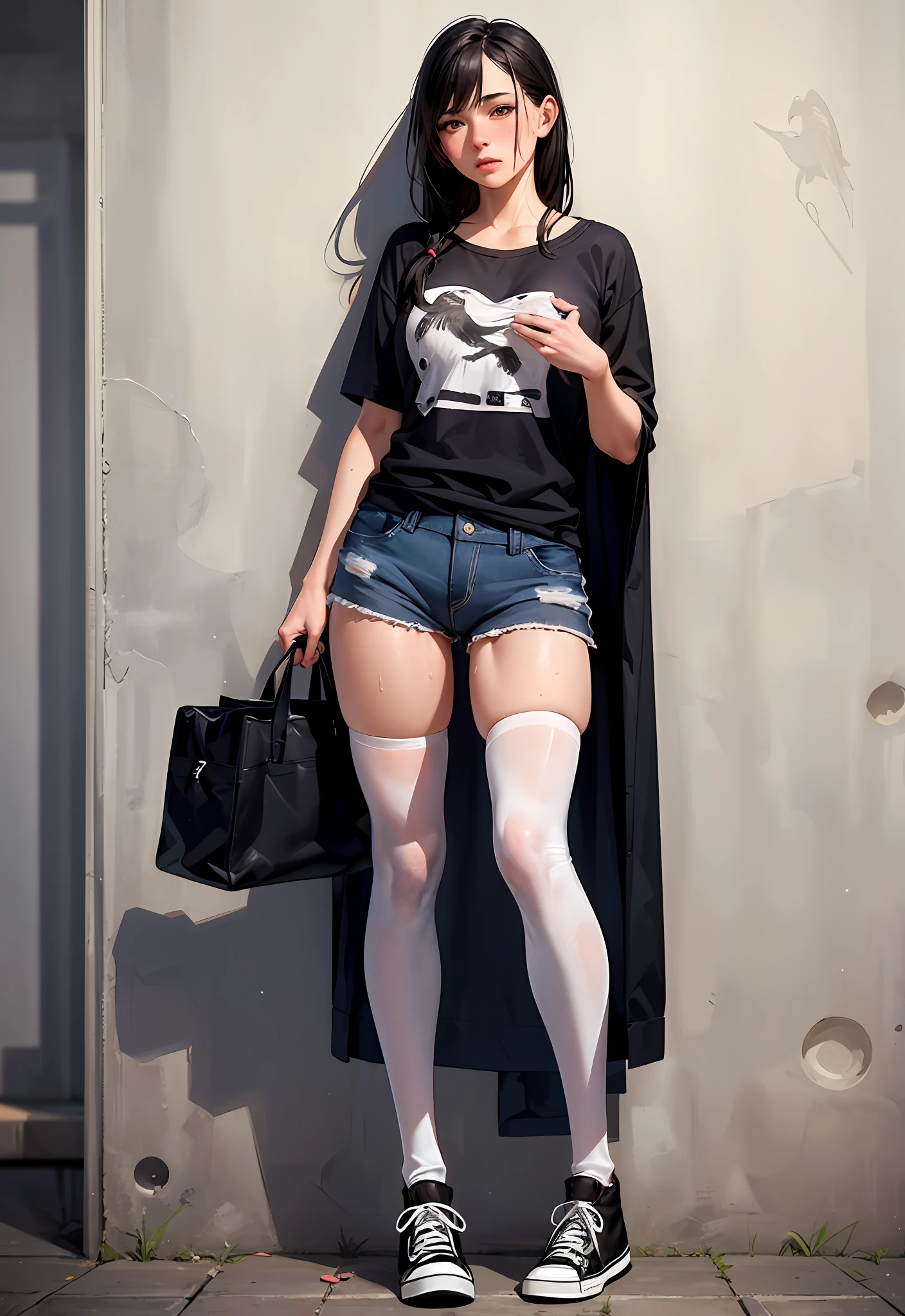 ((masterpiece, best_quality)), full body, (photorealistic:1.4),  solo, 1 girl, white_background, black_hair, long_hair,   zettai_ryouiki, loose shirt, nipple bulge, sketch-bird printing, Chuck Taylor, crotch gap, micro shorts, crotch barely seen, cameltoe ,shiny skin, sweaty skin, nose blush, canvas tote bag