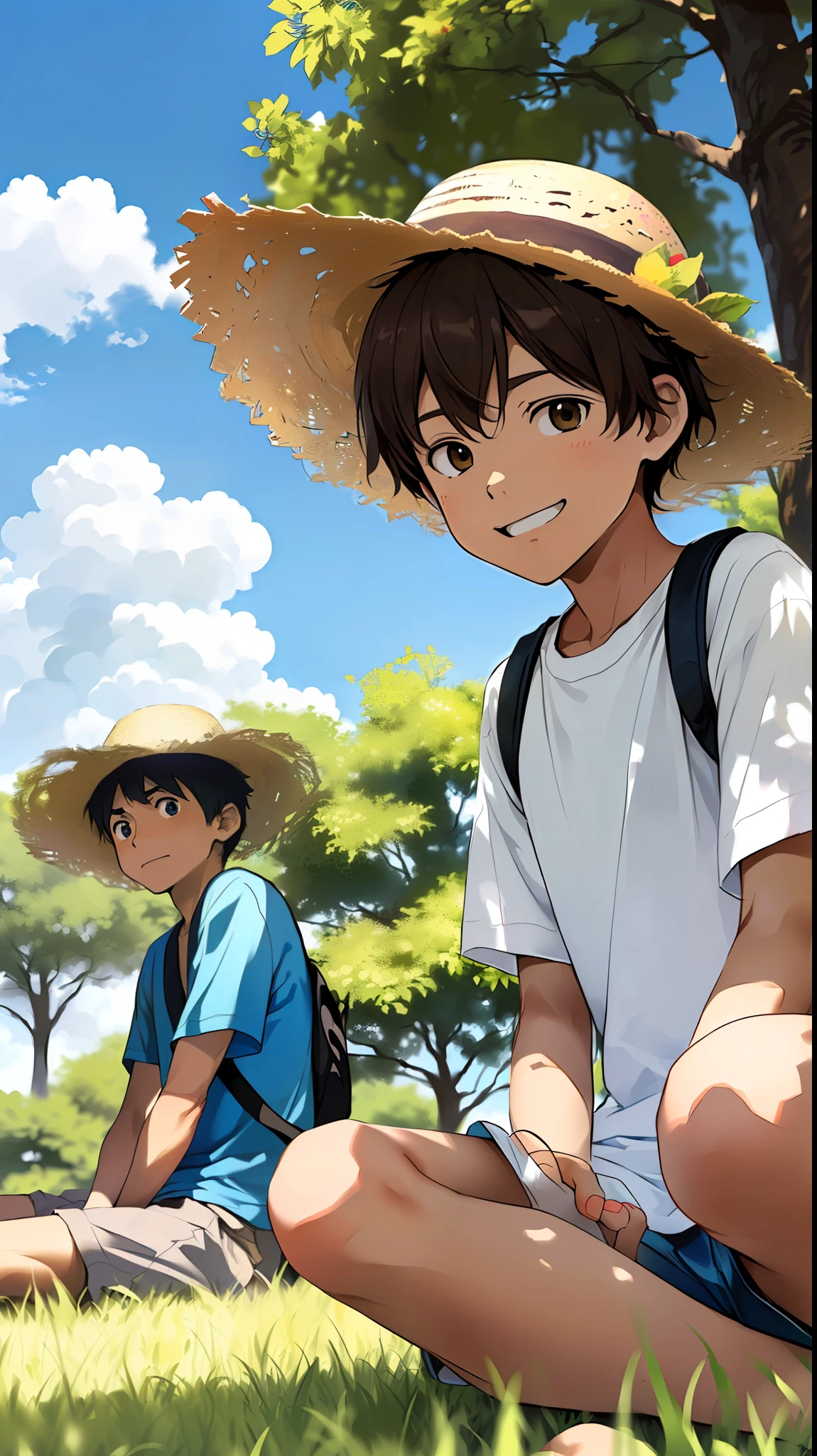 Hot summer，lotuses，Two boys，water melon，iridescence，anime movie，miyazaki film，anime movie poster，anime still film anime shikishi，Ghibli films，Tatsuyuki Tanaka's movie poster --auto --s2