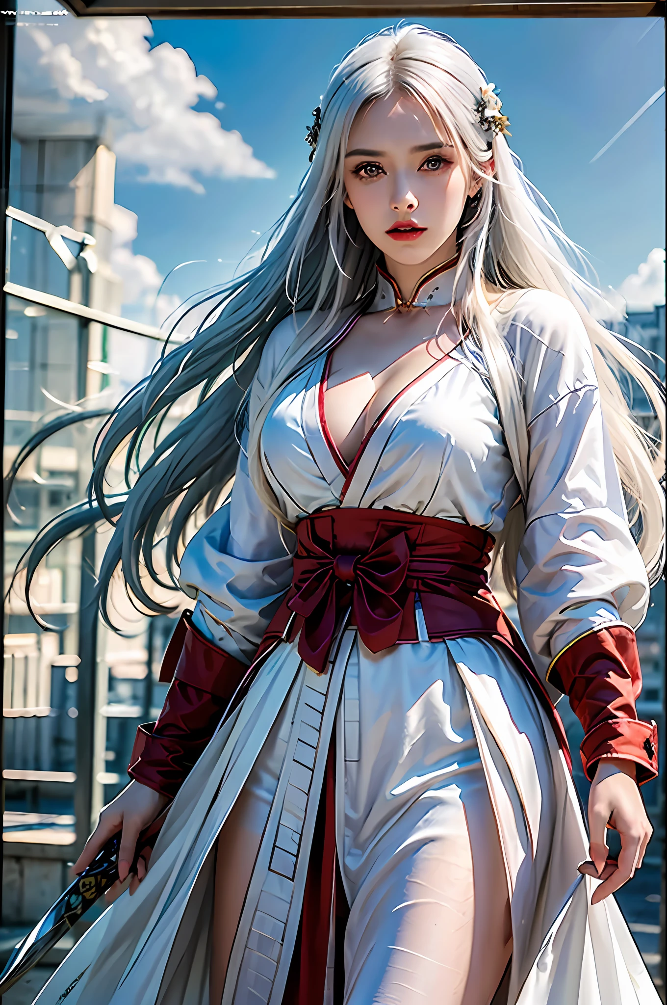 {{best quality}}, {{masterpiece}}, {{ultra-detailed}}, {detailed light} (RAW photo:1.2), (photorealistic:1.4),(masterpiece:1.3),(best quality:1.4) 1girl, weapon, sword, hair ornament, solo, long hair, sky, dress, holding, holding weapon, holding sword, white hair, armor, cloud, chinese clothes, wate
