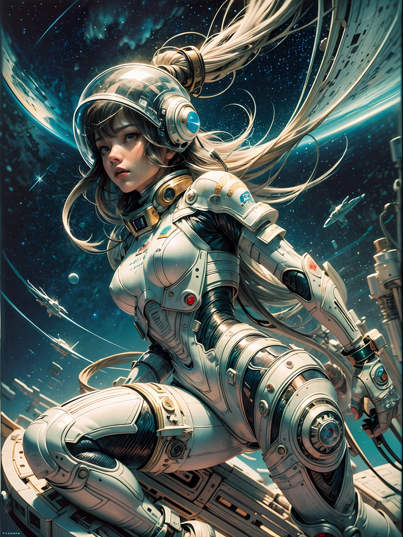 master-piece，1 monk warrior girl with white tech suit clothes，White long hair，laces，Abstract retro sci-fi background，art of moebius，Ashley Wood's art，dynamicpose，Wandering Earth，Space Starry Sky