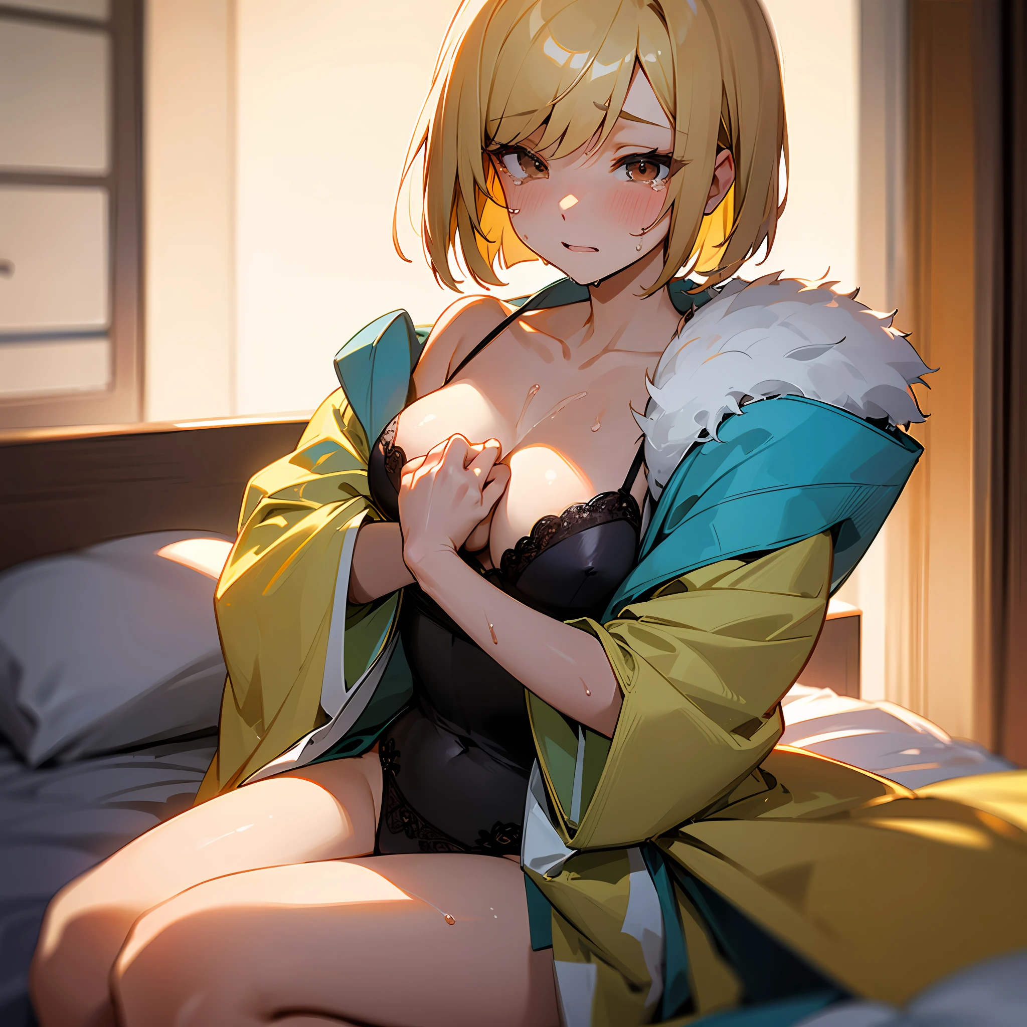 (best qualiy、8K、32k、masterwork、Xr:1.2)、 Japan Woman Pictures、big chest、a bob cut、a blond、Brown skin、Upper bust、Facius、Oversized、on a bed、Chest hugging、disheveled underwear、Wet、 Crying expression、 Rubbing your chest、facial expn crying、 Rubbing your chest、 Eyes are yellow、masturbation in girls、opening legs --auto
