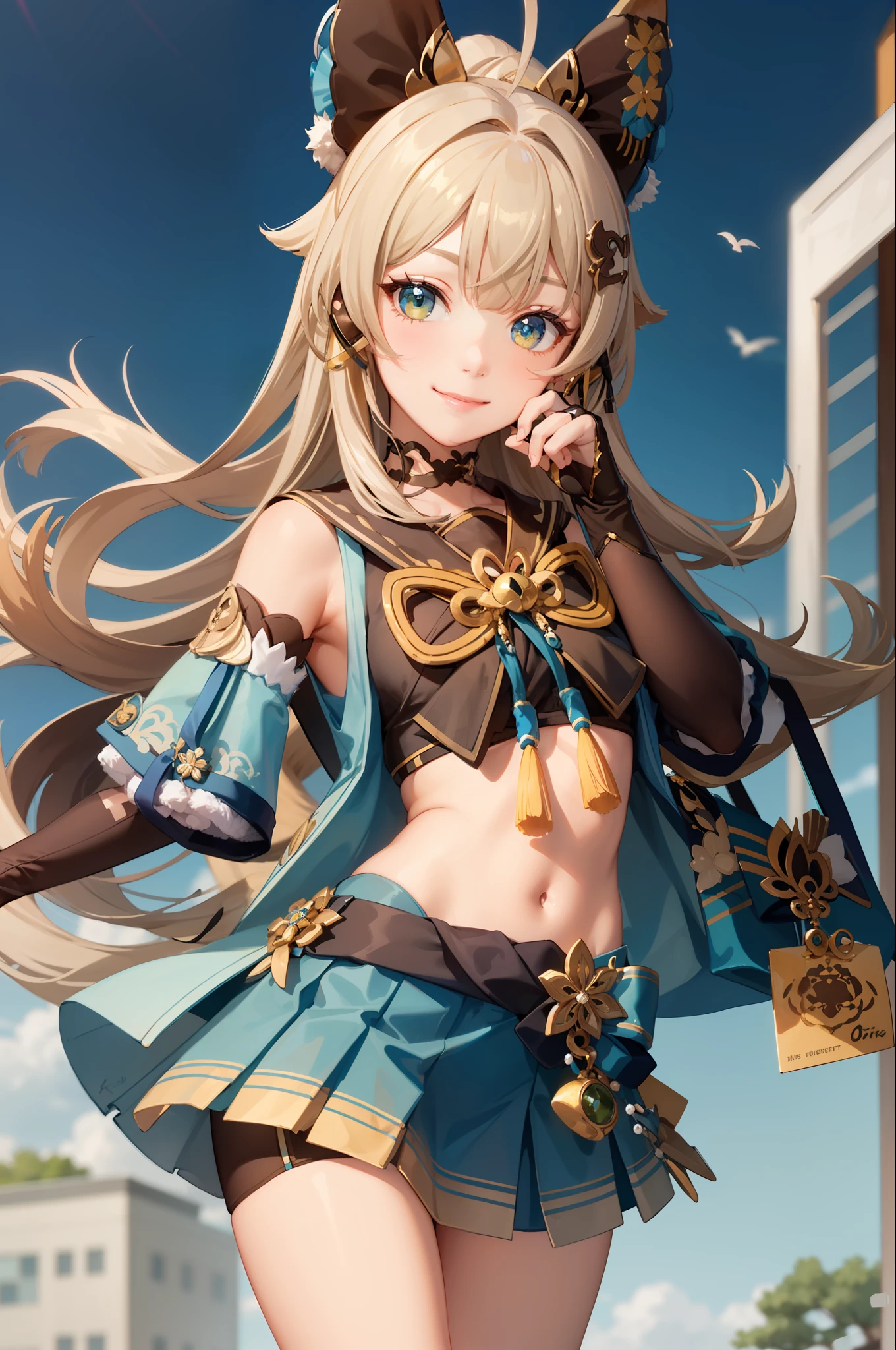 (masterpiece, best quality:1.2), solo, 1girl, kirara, smile, looking at viewer, hand on own face, ahoge, hair ornament, animal ears, detached sleeves, blue miniskirt, (gloves:1.1), tassel, midriff