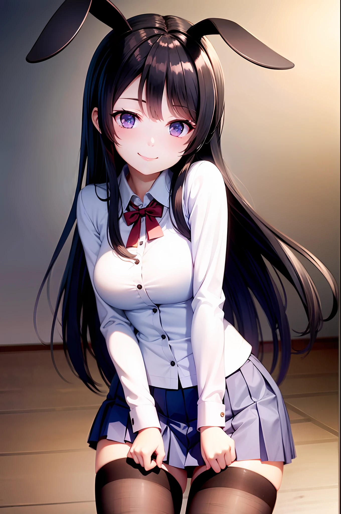 school uniform，whiteshirt，silk stockings，Red pleated skirt，mediumbreasts，rabbit ear，Mayijan，light smile，mid_breats，the best qualityt