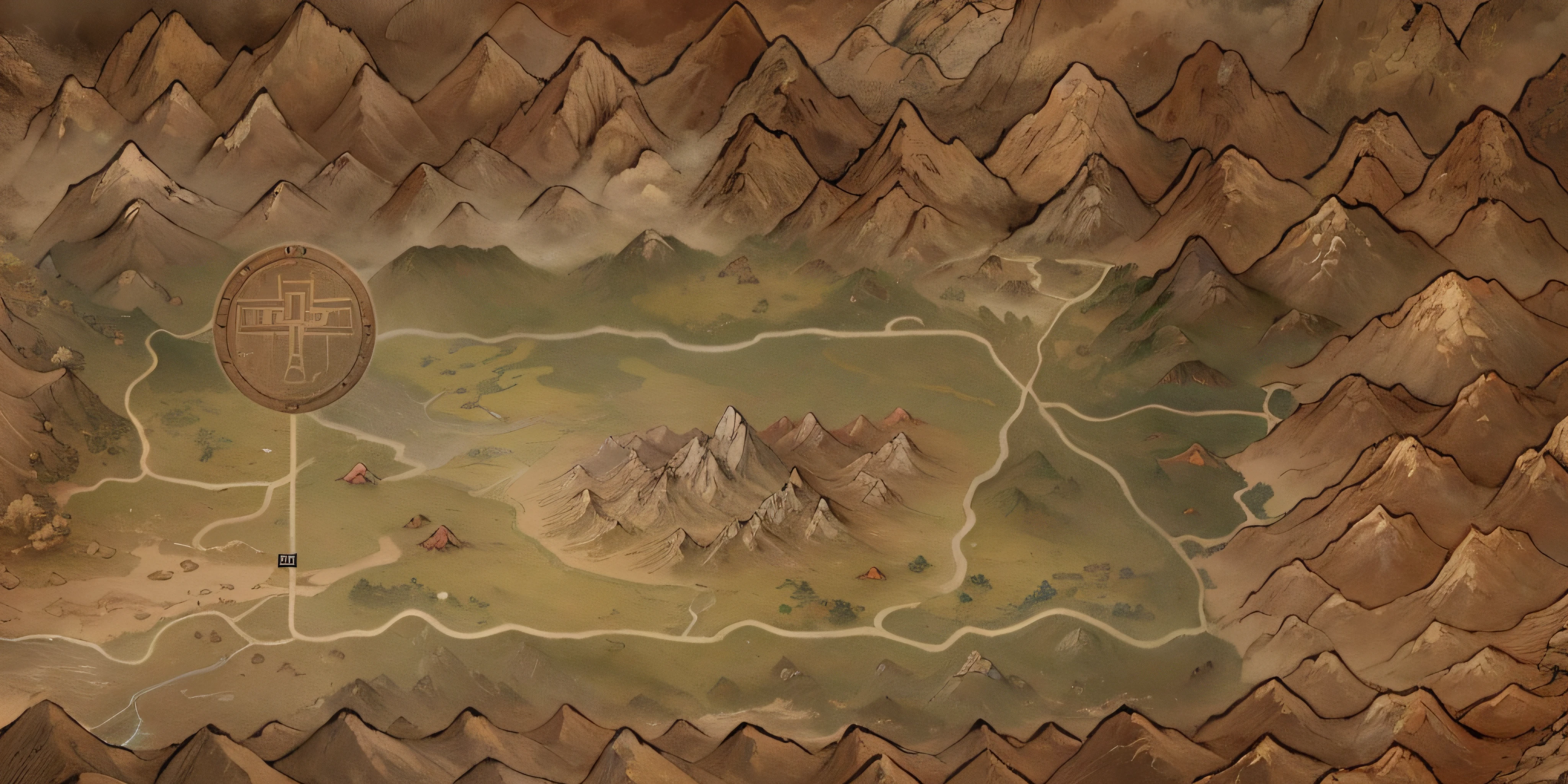 (map), a map of rpg game, detailed, mountains, rivers, auspicious clouds, masterpieces, holding, super detail, epic composition, ultra HD, high quality, extremely detailed, official art, unified 8k wallpaper, Super detail, 32k -- v 6, no sunshine, hills and arid steppe