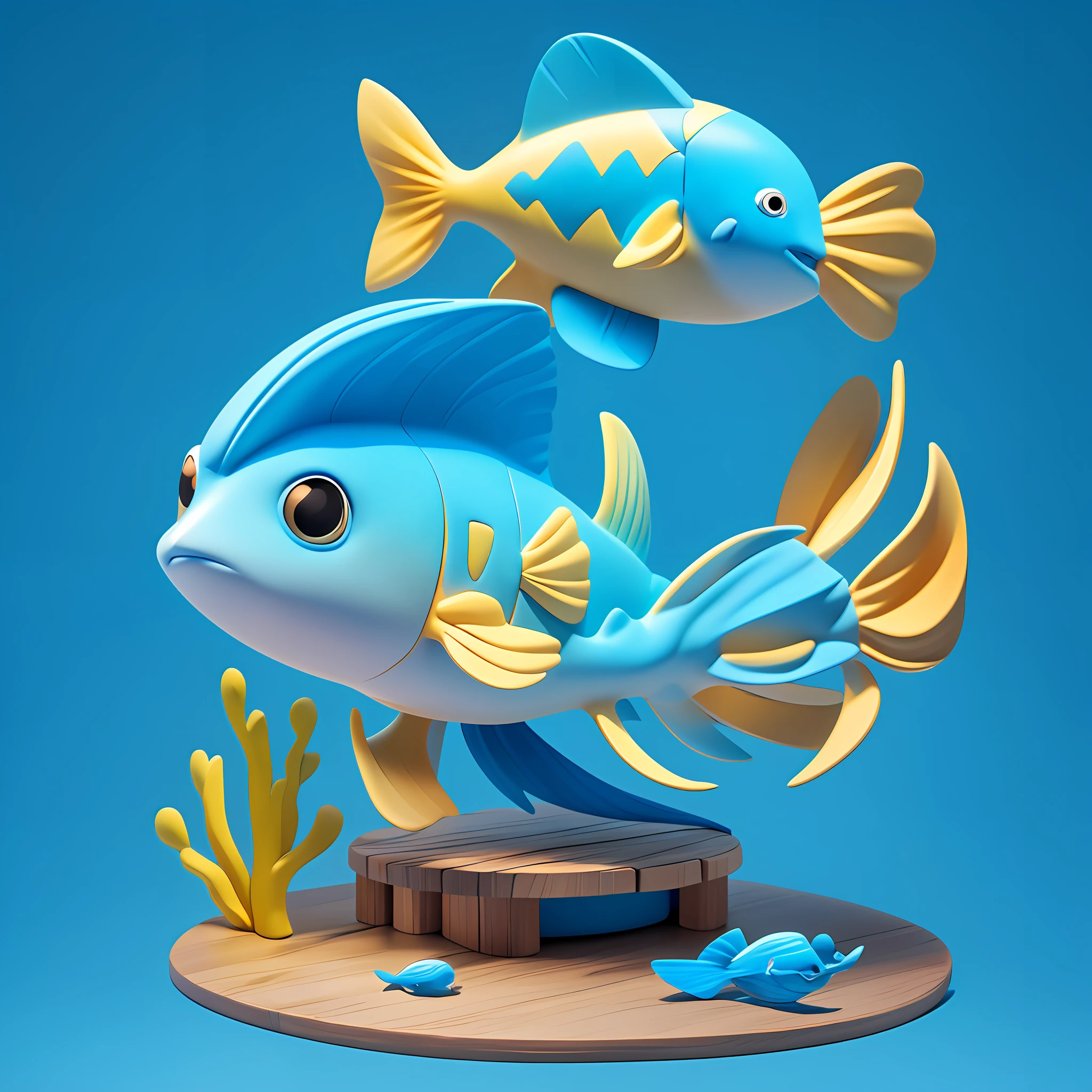 On the wooden frame is a blue fish with yellow fins, 3 d render stylized, cute 3 d render, stylized 3 d, stylized 3d render, ultra realistic 3d illustration, stylized as a 3d render, 3d render trending on artstation, cute detailed digital art, detailed digital 3d art, 3d render digital art