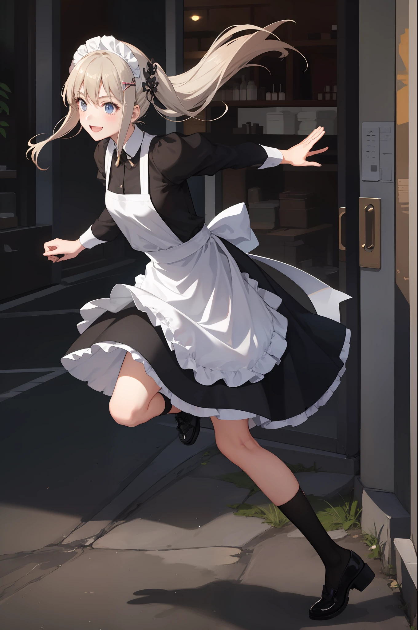 1 girl, smiling, skirt, (small) chillerism, dress, apron,,,,,,、 maid,,,,,,,,、 hair ornament, running briskly,