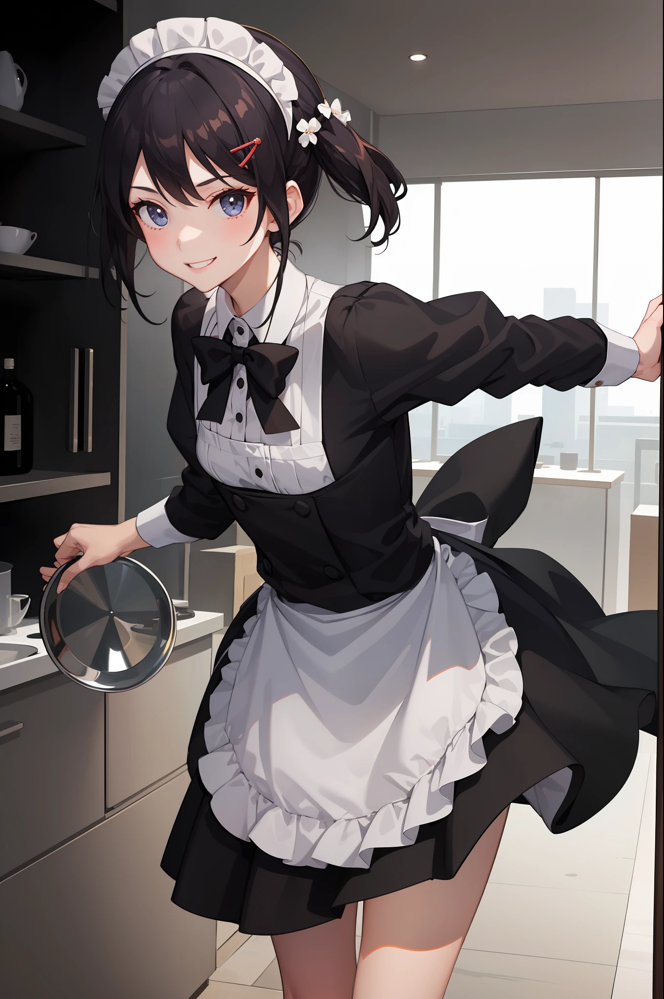 1 girl, smiling, skirt, (small) chillerism, dress, apron,,,,,,、 maid,,,,,,,,、 hair ornament, running briskly,