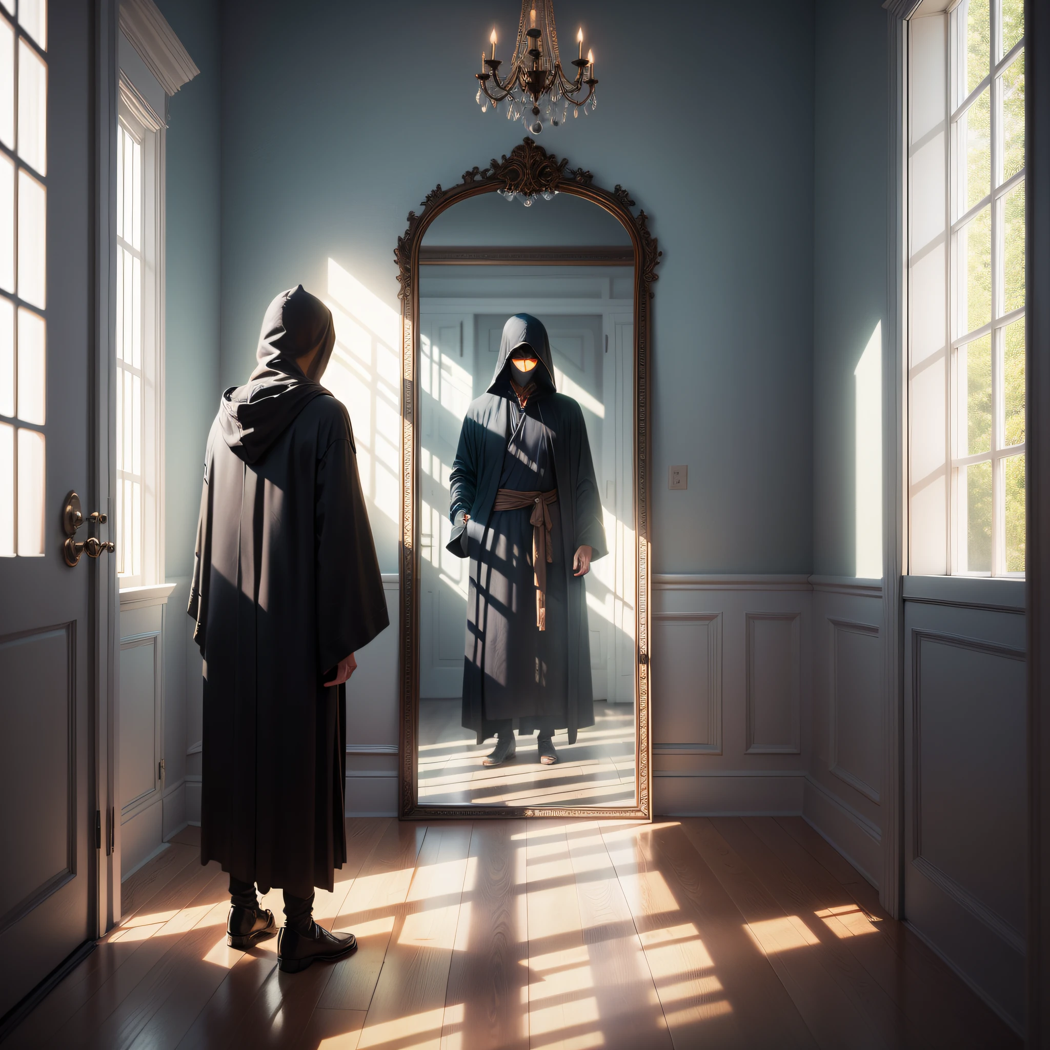 A magical being wearing a black robe and hiding his face in complete shadow standing inside the mirror inside the room.