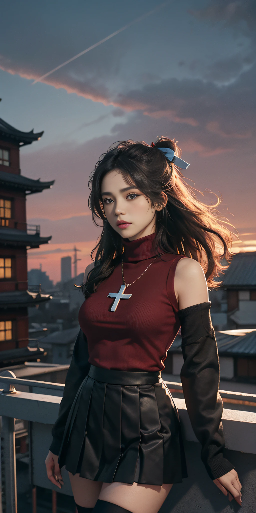 Candid Shot At Girl Picture, Volumetric Lighting, Best Shadows, Shallow Depth of Field, Portrait Of ganyu \(genshin impact\), Delicate Beautiful Attractive Face With Alluring Sharp Blue Eyes, Sharp Eyebrows, Enjoying The Scenery, Closed Mouth, Lovely Medium Breasts, Layered Long Black Two-Side Up Hair, Windswept Hair, Hair Ribbon, Blush Eyeshadow, Thick Eyelashes, Cross On The Red Turtleneck Shirt, Long Sleeve, Slim Waist, Black Short Pleated Skirt, Thigh Gap, Black Thigh-High Stockings, Red Sky At Night, Clouds, School Rooftop, Under Red Moon, Rooftop Guardrails, Villagescape, Facing Away, Side View of Leaning On Railing, Shoulder Blades, (Highest Quality, Amazing Details:1.25), (Solo:1.3), Brilliant Colorful Paintings