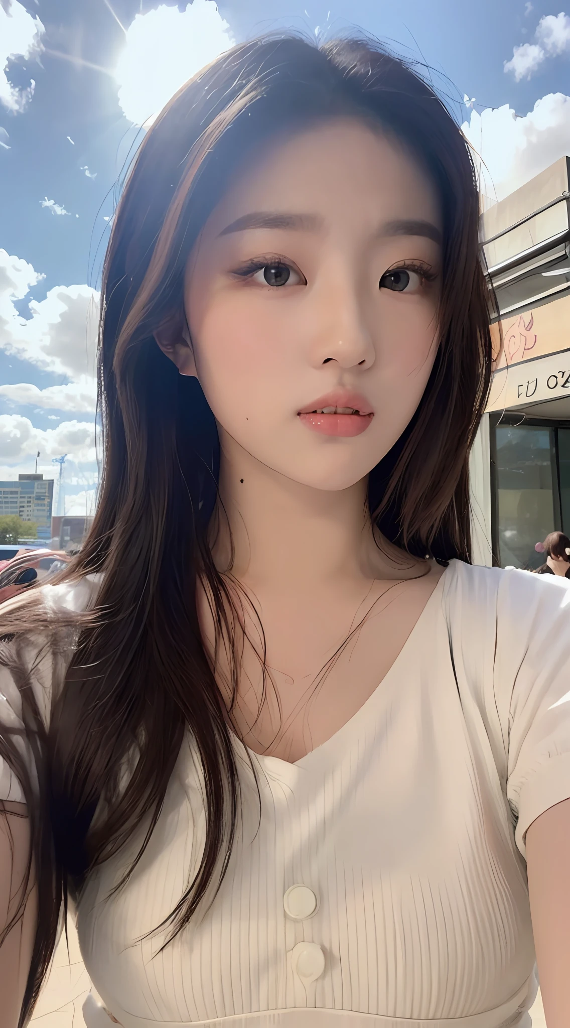 ((Realistic lighting, best qulity, 8k, The Masterpiece:1.3)), sharp fokus:1.2, 1girl, A beauty with a perfect figure:1.4, Slim abs:1.1, ((Dark brown hair)), (White crop top:1.4),(with a blue sky and white clouds above it,parque:1.1),City Street,Ultra-fine face,Fine eyes,Double eyelid,