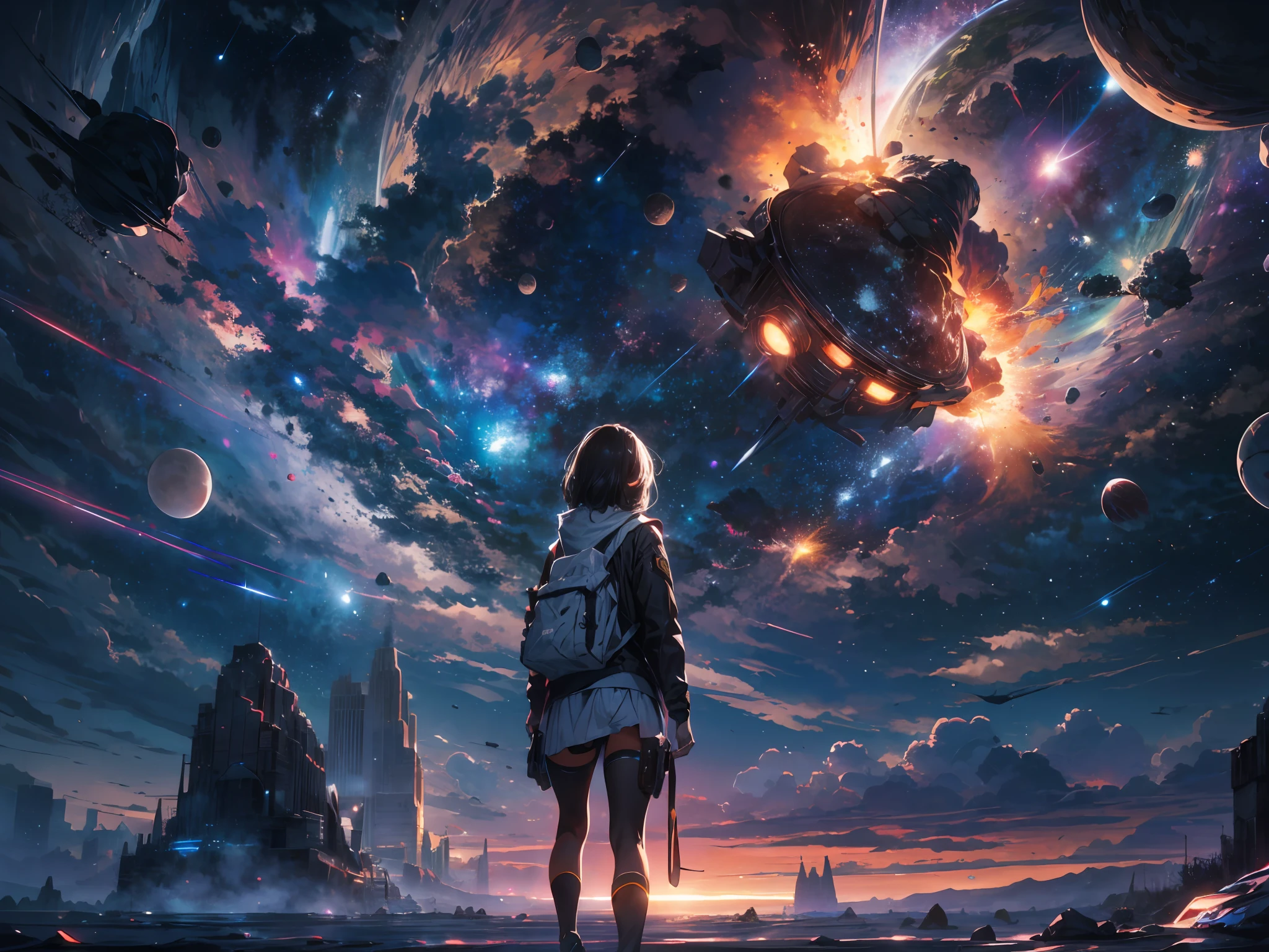 Draw a young female programmer, standing on a research platform floating in the middle of an asteroid belt, turn her back on viewers , from behind,surrounded by several asteroids glowing with fiery auras BREAK Dramatic lighting from distant stars and planets illuminates the scene, casting deep shadows on the suit, looking at the vast and mysterious universe with wonder and respect,BREAK,Detailed,Realistic,4k highly detailed digital art,octane render, bioluminescent, BREAK 8K resolution concept art, realism,by Mappa studios,masterpiece,best quality,official art,illustration,ligne claire,(cool_color),perfect composition,absurdres, fantasy,focused,rule of thirds