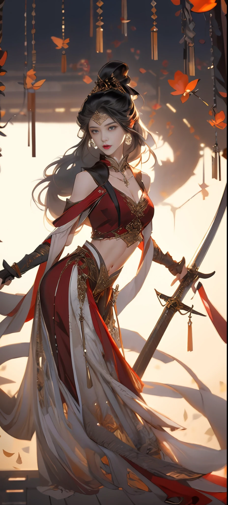 Beautiful details for girls，Very detailed eyes and face，beautiful eyes in detail，is super detailed，high - resolution，Very detailed，The best quality，illustration，exquisite detailing，Best quality，Very detailed CG，8k壁紙，A teenage girl，woods，Long black hair，pony-tail，holding sword，(((Red clothes)))，blossoms，Complex textures，streamers，navel，shoulders，Complex background，Full body like