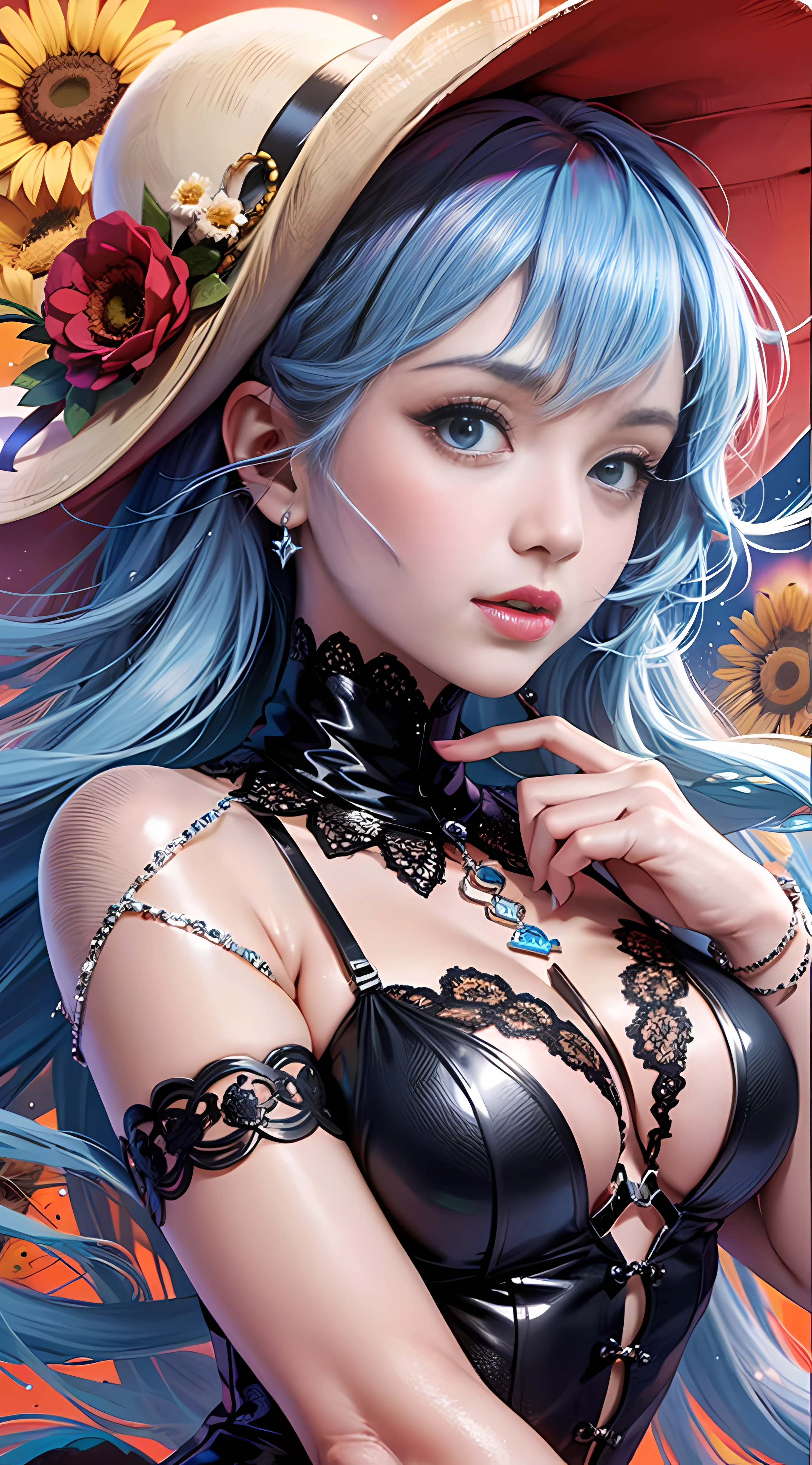 Ultra high quality,8K,Don't miss your fingers,1girls,Lovely older sister,Blue-pink hair,Close-up of the head,laced dress,the sun is shining wide shot,Pink roses,the sun is shining wide shot,with vivid colors