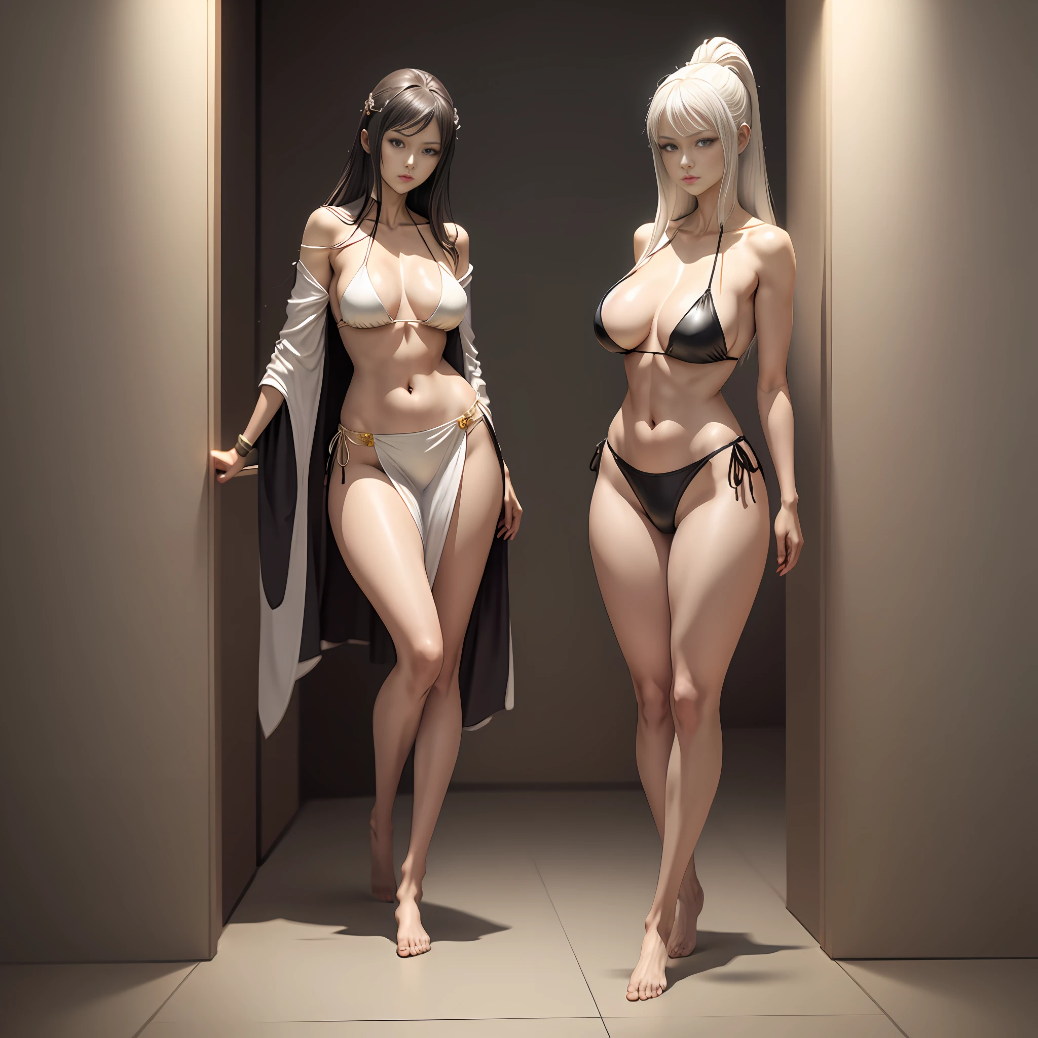 Anime - Chinese goddess standing in golden illusory space in sexy hanfu and bikini robe，seductive anime girls，Sexy ancient goddess，full body detailing，（huge breasts1.4），（Long legs 1.1），[ 4 K digital art ]!,Smooth anime CG art，Female action anime girl，shiny white skin，Adult version，SFW version，full body pose，the perfect body，18 forbidden