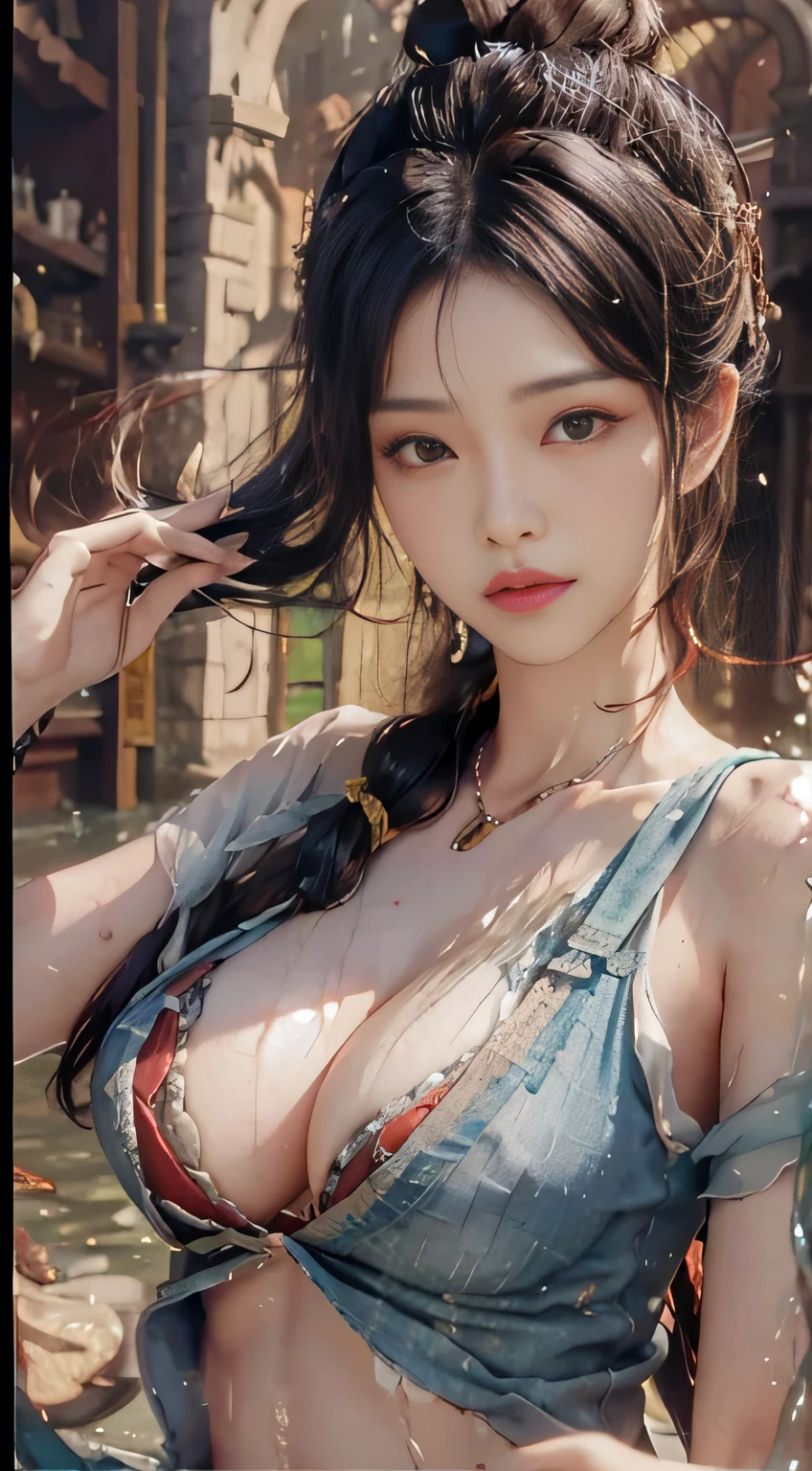 Belly button, cleavage, (big breast: 1.2) close-up, upper body, water on the body, soaked clothes,