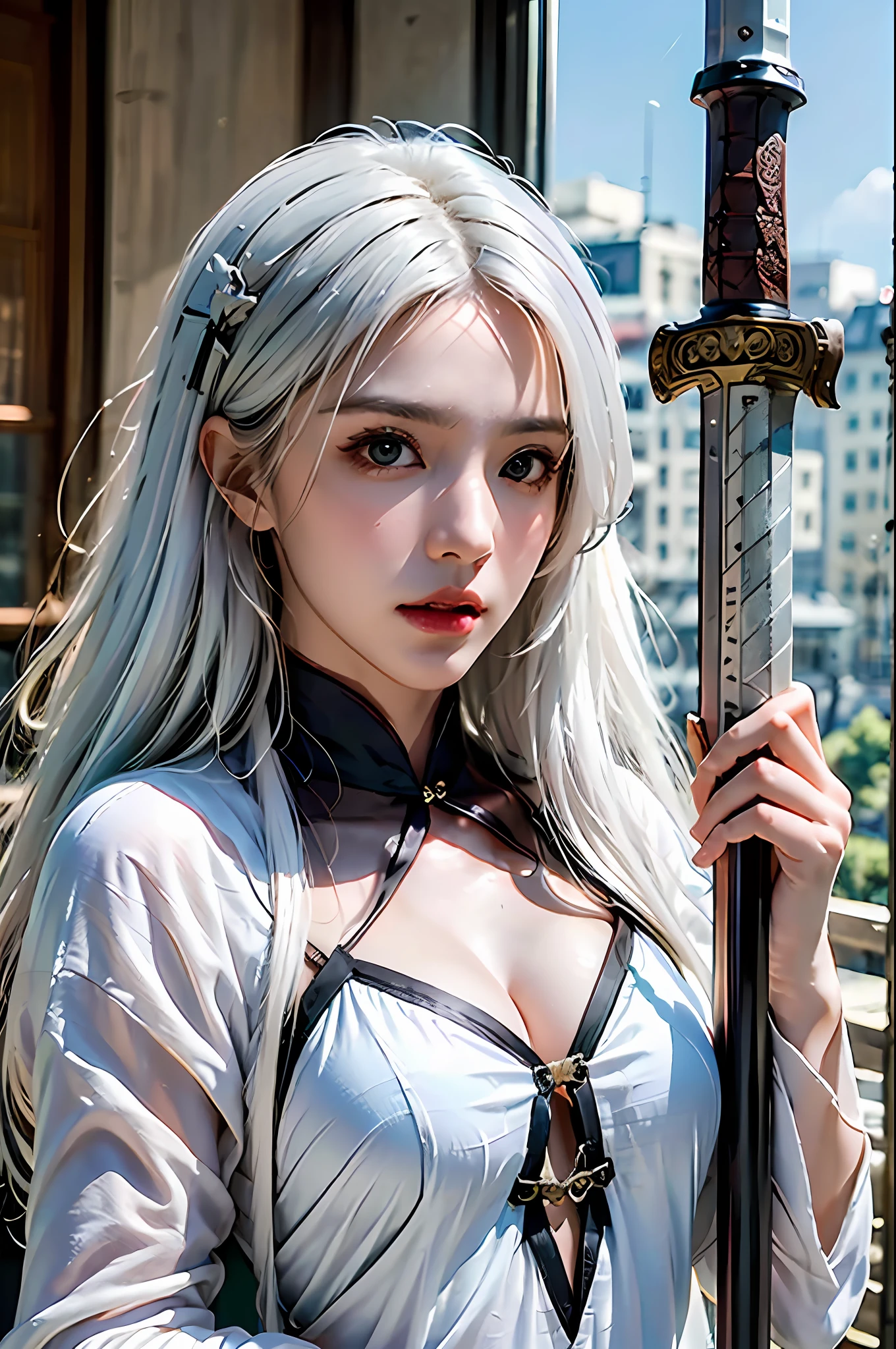 best quality, masterpiece, ultra-detailed, detailed light, (RAW photo:1.2), (photorealistic:1.4),(masterpiece:1.3),(best quality:1.4) 1girl, weapon, sword, hair ornament, solo, long hair, sky, dress, holding, holding weapon, holding sword, white hair, armor, cloud, chinese clothes, wate