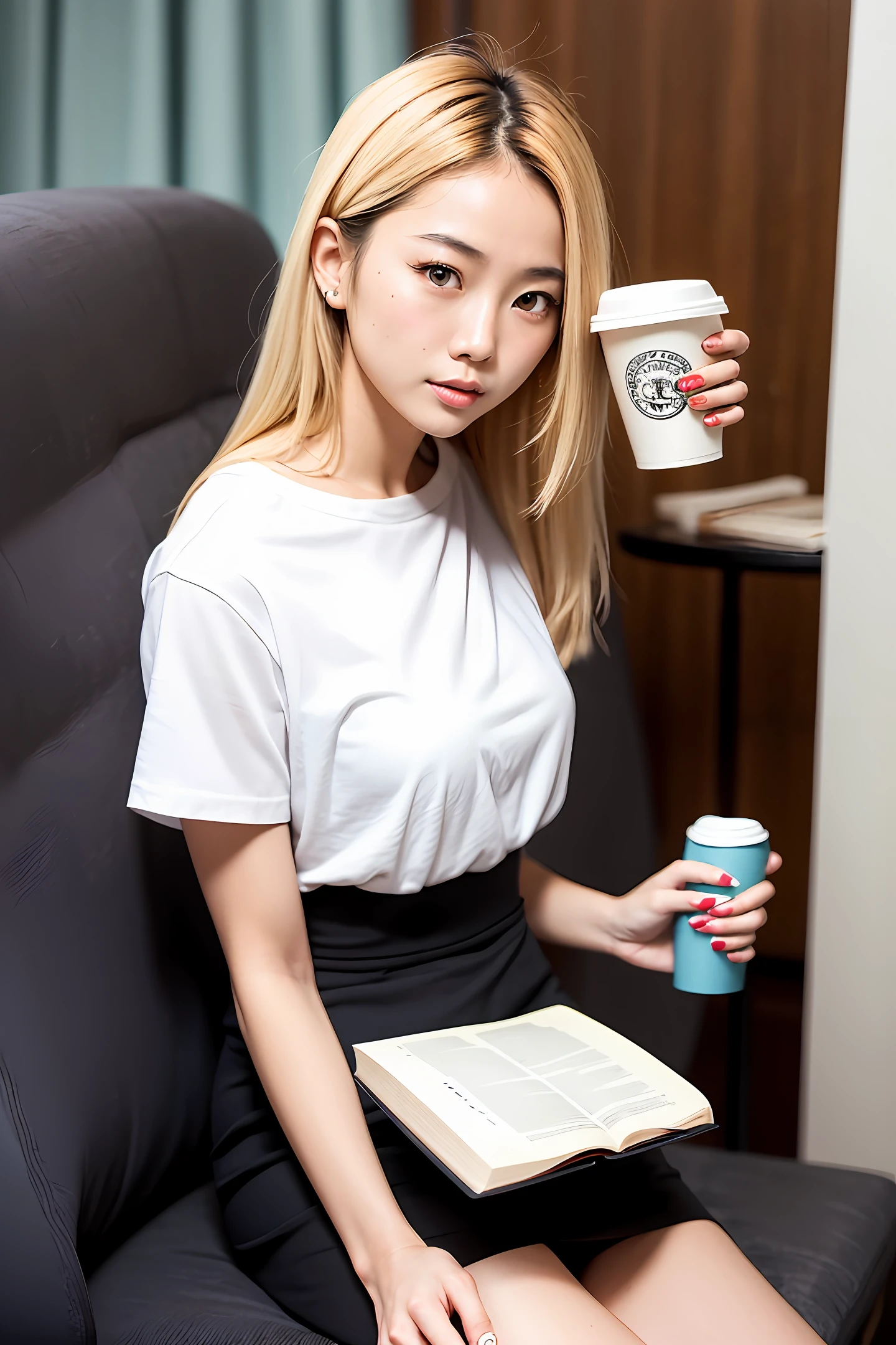 Tall sexy asian beauty,blondehair,High nose and big eyes,Wear a white shirt,Drinking coffee,There are books on the seat