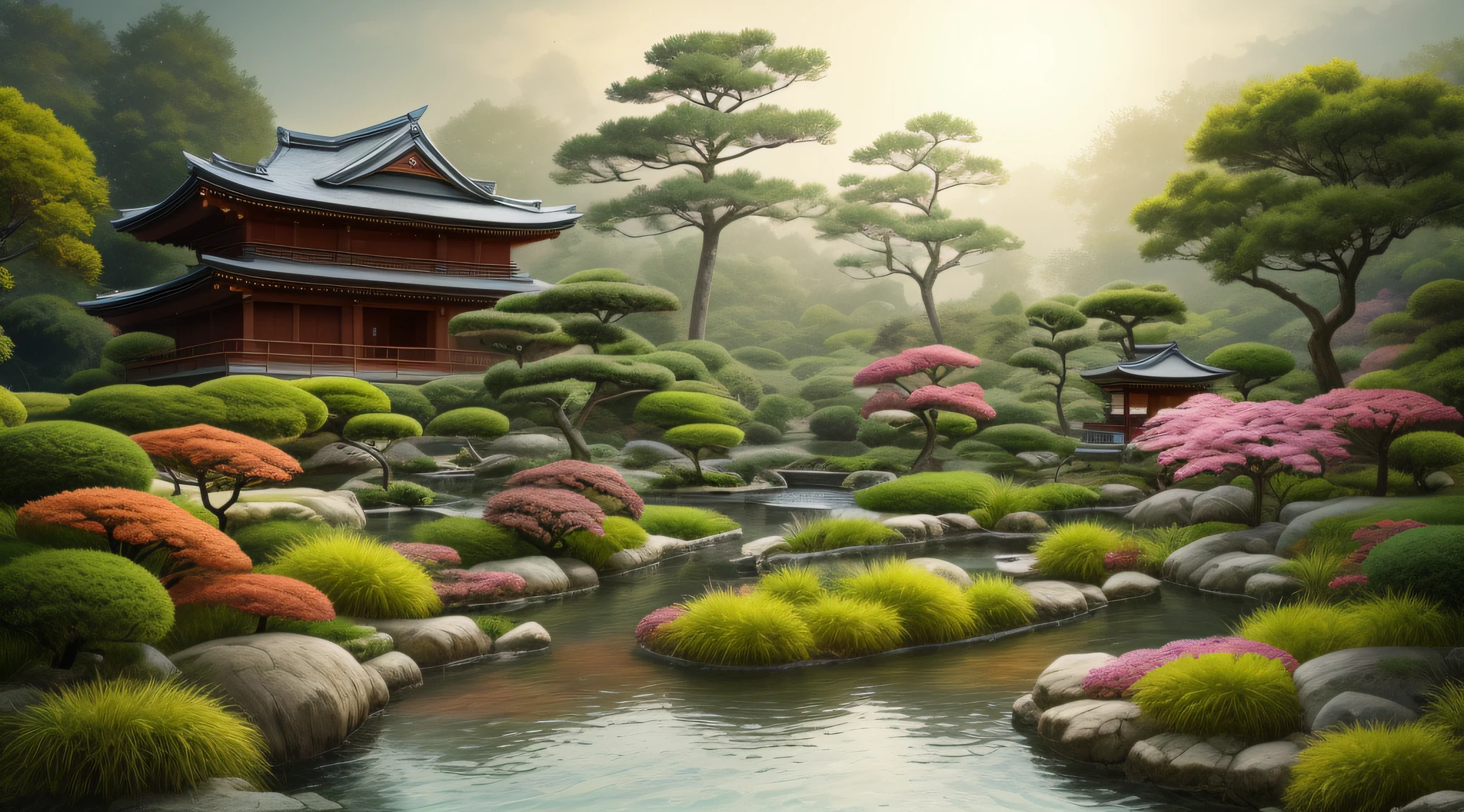 japanese dwarf pine, (ikebana:1.1), japanese pond and garden on background, by charlotte grimm, japanese garden, sci-fi, cyberpunk, intricate, highly detailed, digital painting, artstation, illustration, art by artgerm and alphonse mucha, vibrant volumetric lighting