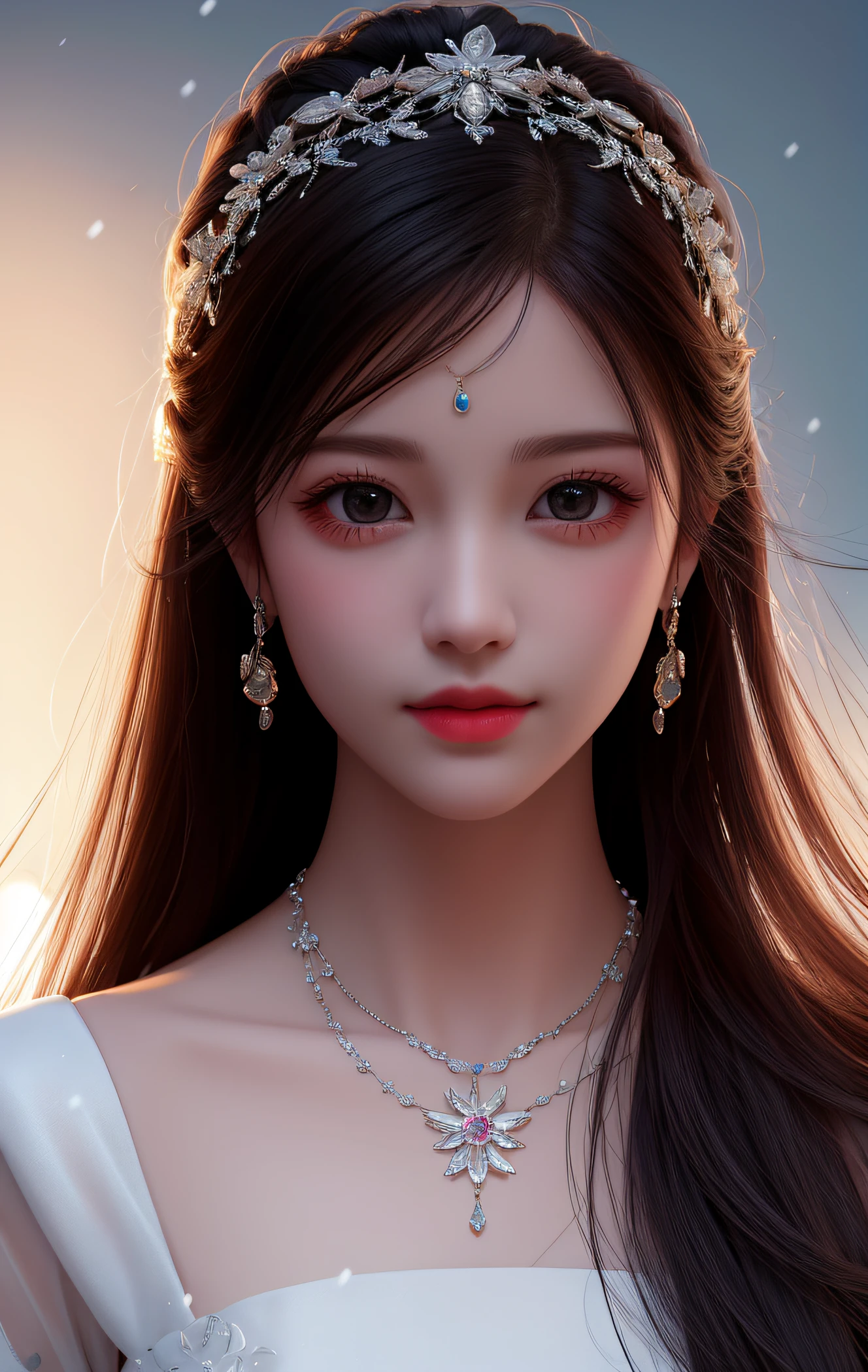 best qulity、The Masterpiece、high - resolution、1 girl、White porcelain dress、hair accessory、gargantilha、jewelries、beautifull face、lakeside,A secluded ancient forest,The skin is snow-white and delicate,sunlightillumination,physics、Tindal Effect、lifelike、dark studio、edgelighting、Two-tone illumination、(High Detail Skins:1.2)、8k uhd , DSLR, softlighting, high quallity, Volumetric light, Candid camera, photot, high - resolution, 4k, 8k, Background bokeh