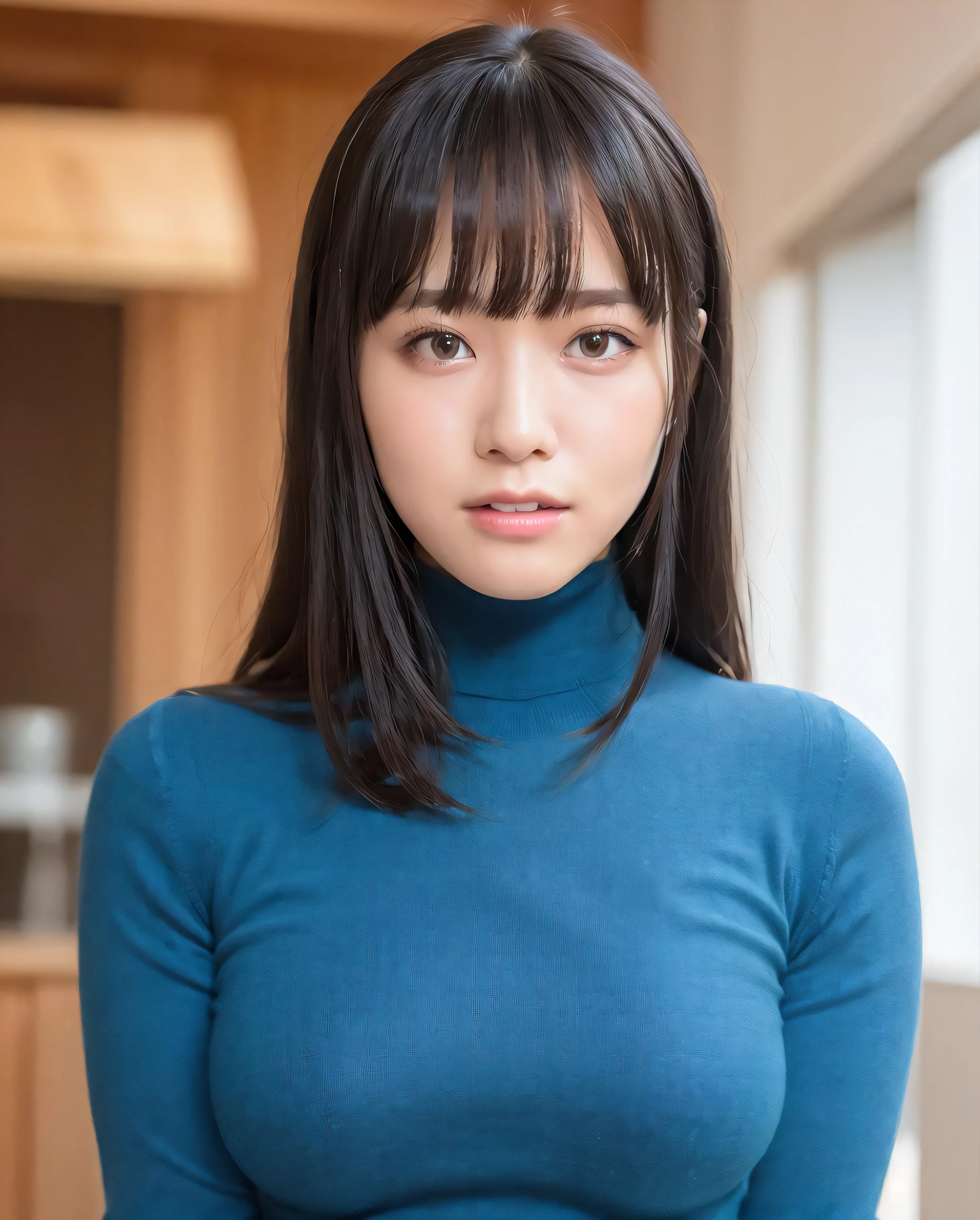 best quality, photorealistic, 8k, high res, 1girl, woman, (skindentation),  (professional lighting), (portrait:0.6), (blue turtleneck sweater), gorgeous, (short black hair:1), (looking at the camera), ((looking at viewer:1.5)), (looking at the camera), photorealistic, (bokeh), (portait:0.6), gorgeous, (dynamic pose:1.2), intense lighting to face area, lips, (teeth:1.3), smile,