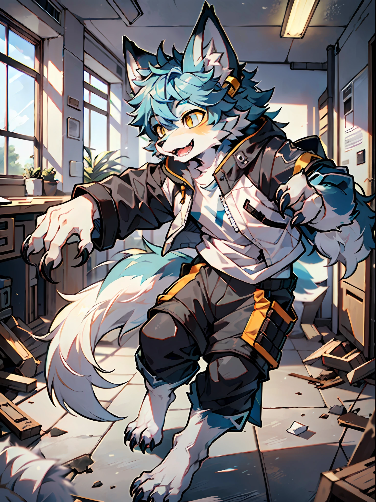 (Best Picture Quality),（Full body like）（standup） (The Masterpiece), ((Single person)),(hyper detailed), (Longhaire), shaggy,(Male Arctic fox:1.5), (Blue fur:1.3),（Dragon wings）（Yellow stripes） (Fluffy tail:1.2), (Blue-yellow eyes), (sharp claws), (Gray ears),（male）（Gray T-shirt，Gray shorts） Opening Mouth, Sharp focus,(The furry feeling of animal ears)，（In an abandoned laboratory，dimly lit），（exploring），（karda），（Look around）