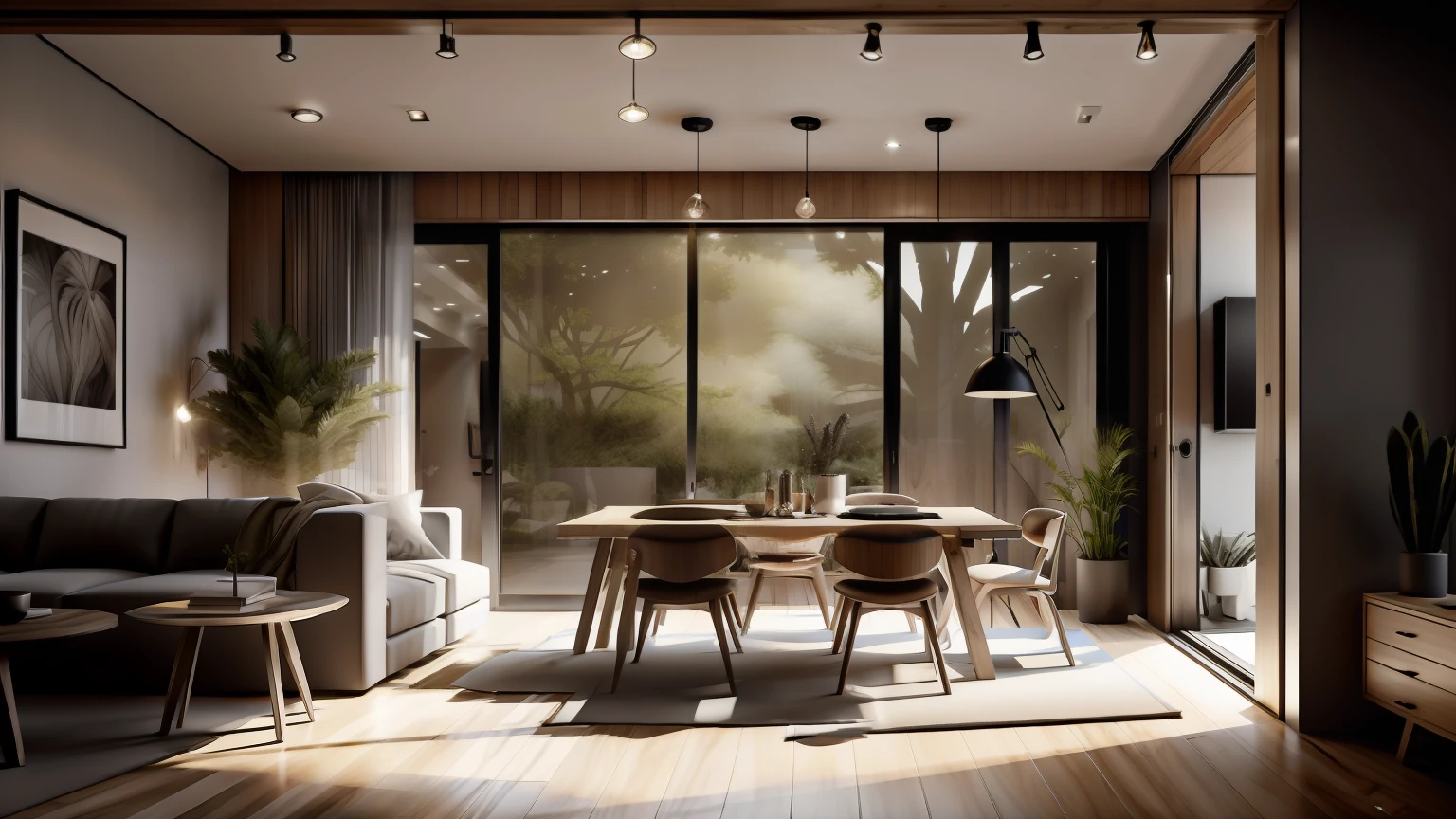 Interior design,insanely detailed wide angle architecture photography, cozy contemporary living room,(bright warm sunlight 1:0.1), award-winning contemporary interior design, scenery, table, chair, indoors, wooden floor, window, restaurant, east asian architecture, sliding doors, lamp, architecture, forest, nature, cup, plant,INTERIOR DESIGN,intersting lights and shadows, Depth of Field,low light, ,