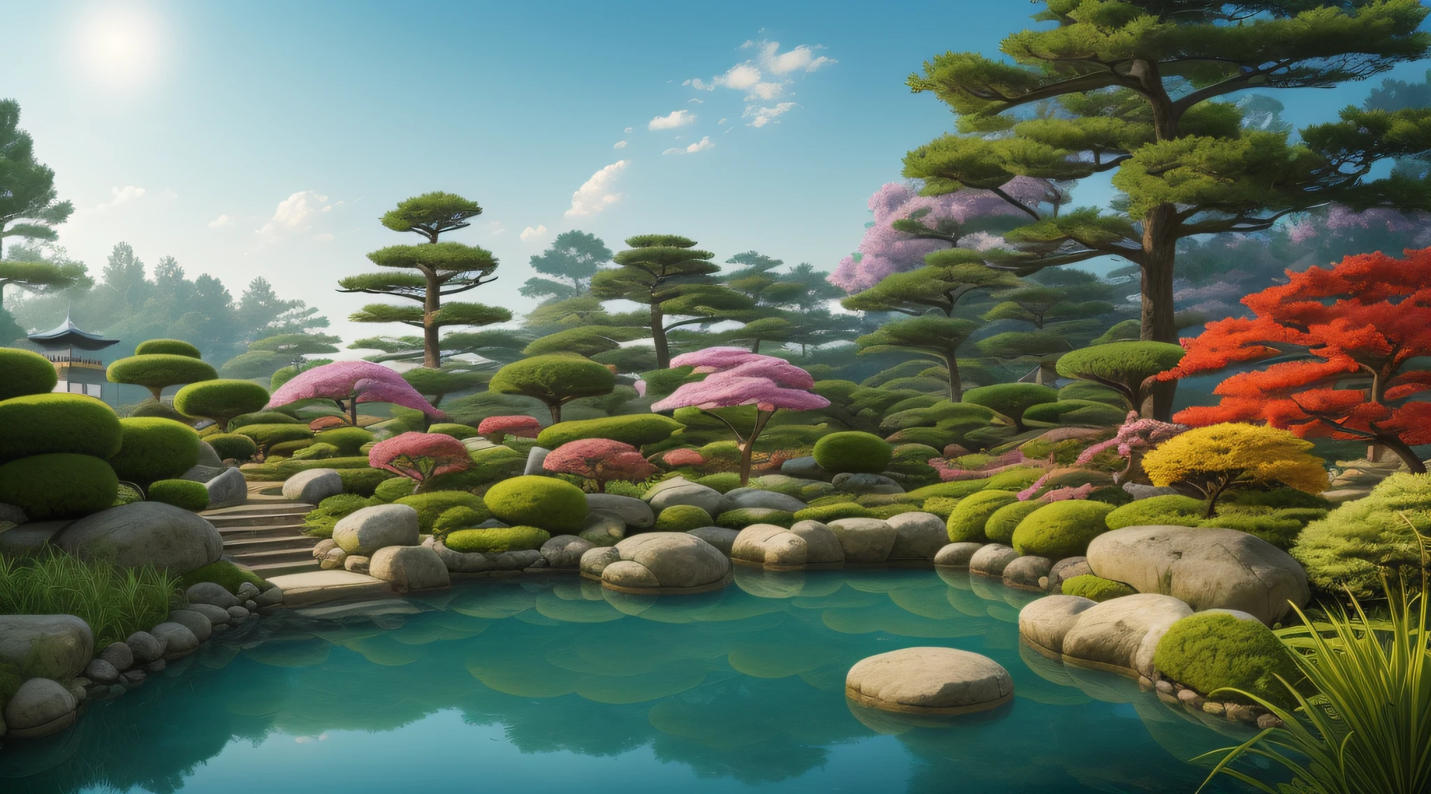 japanese dwarf pine, (ikebana:1.1), japanese pond and garden on background, by charlotte grimm, japanese garden, sci-fi, cyberpunk, intricate, highly detailed, digital painting, artstation, illustration, art by artgerm and alphonse mucha, vibrant volumetric lighting
