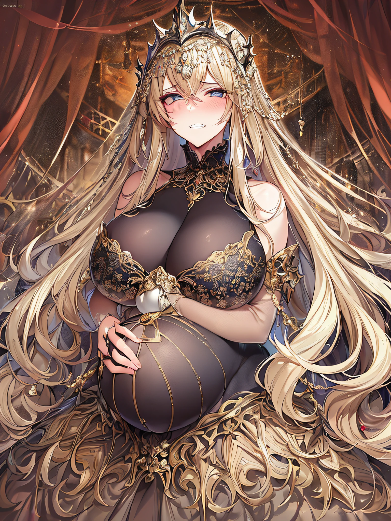((anime artstyle)),(Masterpiece),(Best Quality), (Super Detail),((Very Delicate and Beautiful)),Focus on character,Dynamic Angle,Looking at viewer,((Solo)),standing,(((full body))),(((one evil pregnant empress in gorgeous ball gown with voluminous skirt))),detailed face and eyes,((heavily pregnant)),((clenched teeth,blush)),embarrassed,jewel-like eyes,((Very Long voluminous Hair)),gorgeous embroidery and lace,See-through,ornate ruffles,luxury hair ornament,luxury and evil tiara with jewels,(gigantic breasts,Long breasts),full body,(((evil and dark atmosphere))),full body,heavily pregnant,(inside of prison),jeweled ball gown,(((gorgeous ball gown with voluminous skirt)))