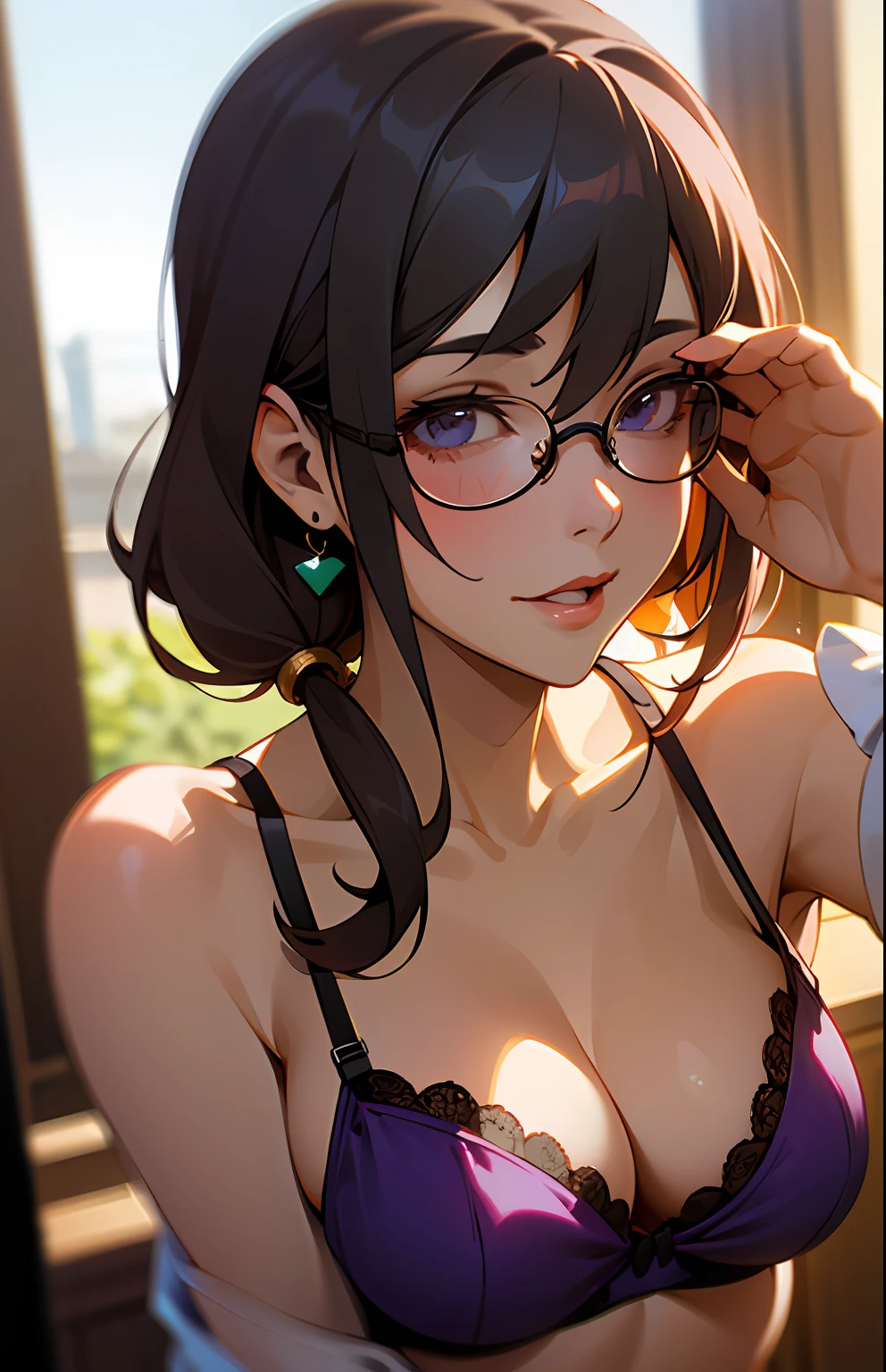 (((masterwork)))、(((best qulity)))、((ultra definition))、(Highly detailed CG illustrations)、((anextremelydelicateandbeautiful))、(Delicate and Pretty Face)、Cinematic light、(1girls)、a close up of a woman in a purple bra top and glasses, with glasses, oppai,with glasses on,
