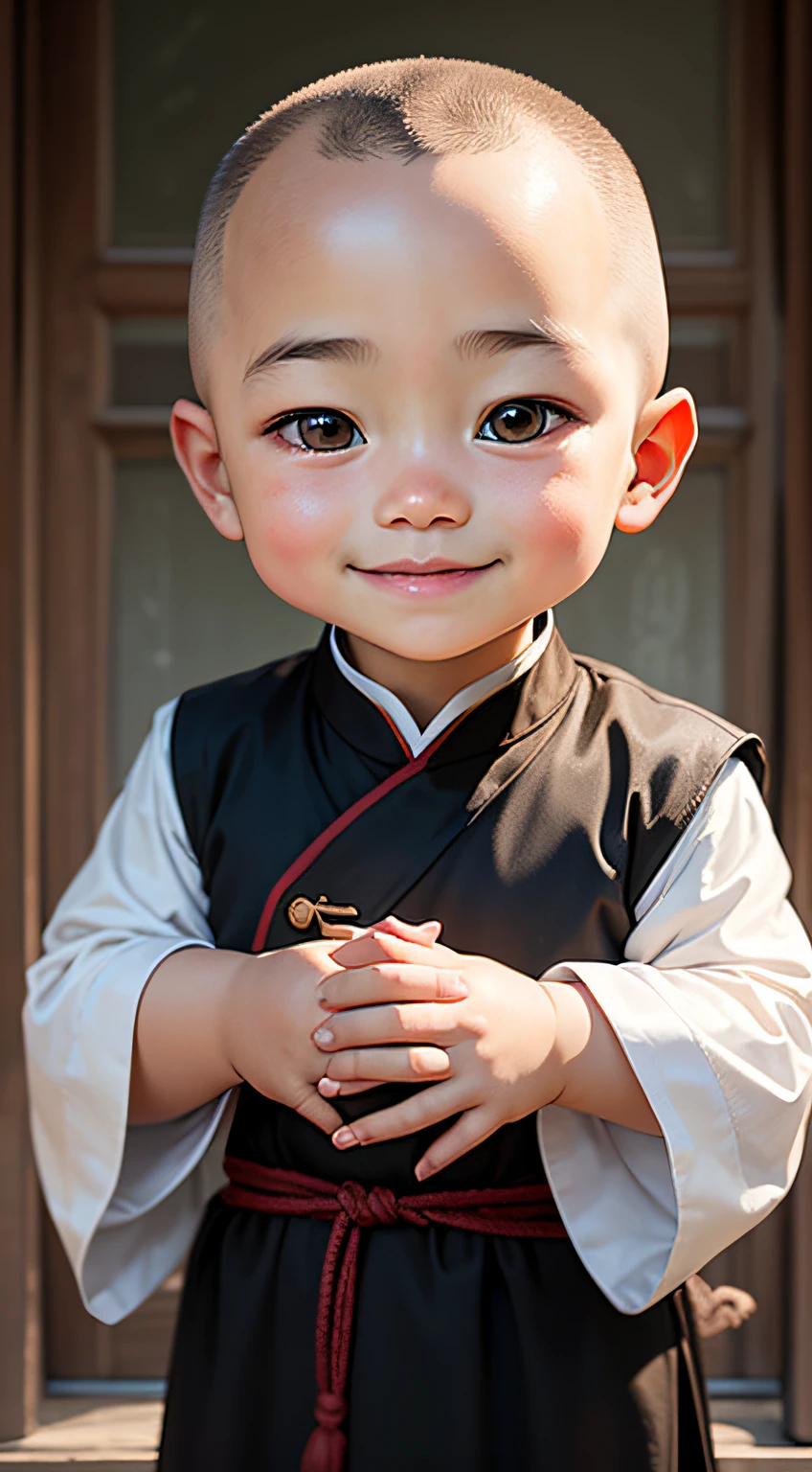 A bald ,Chinese monks,Wear monk costumes and cassocks,Close-up of hands folded,,A cute smile on his face,adorable digital painting, --auto