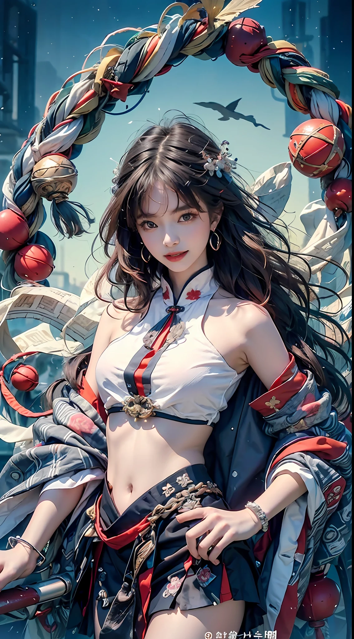 Official Art, Unified 8K Wallpapers, Ultra Detailed, Beautiful and Aesthetic, Masterpiece, Best Quality, (Zentangle, Tangle, Entangle), (fractal art: 1.4), 1girl, black hair, Chinese, bare shoulders, short skirt, calf, navel, very detailed, dynamic angle, cowboyshot, (most beautiful form chaos), flowing, (bright colors), oc, (half: 1.2), china, (thangka flying sky: 1.5), (ribbon: 1.3), (dream: 1.5), (hanfu: 1.5), Chinese dragon, Chinese phoenix, (smile: 0.5), (Chinese deity),